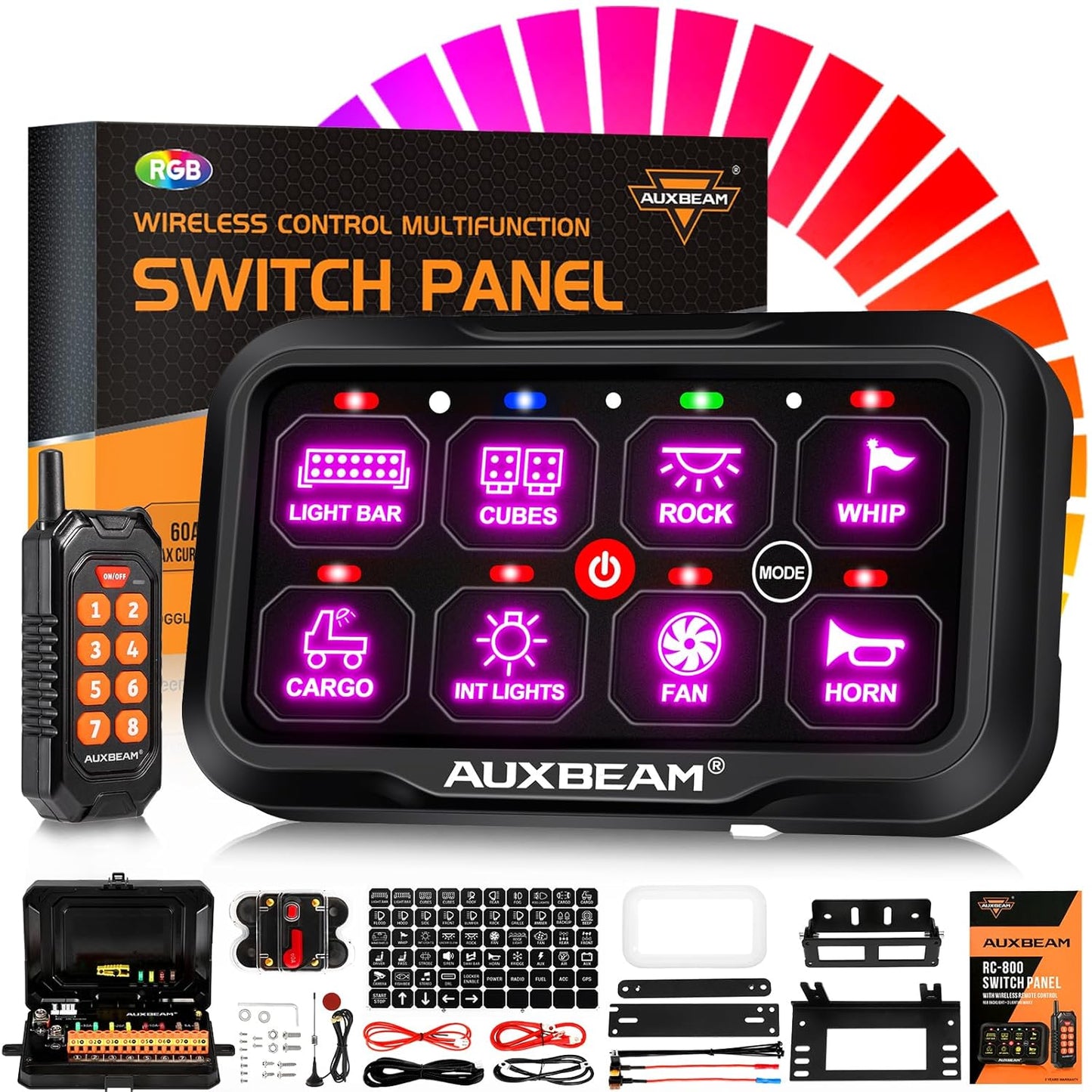 Auxbeam 8 Gang Switch Panel RC-800 RGB Wireless Remote Control Range Up to 165FT Multifunction Switch Pod 3 lighting modes with Backlit Off and Auto Dimmable for RV Offroad Waterproof 2 Years Warranty