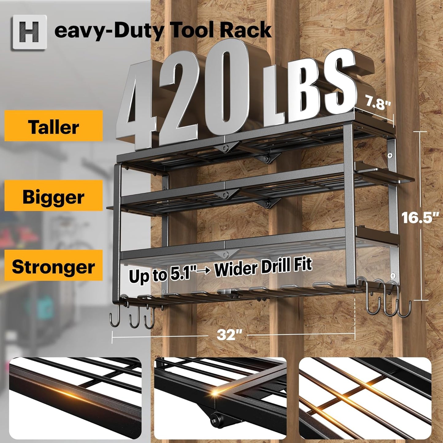 Large Power Tool Organizer Wall Mount, Maximum 420lbs Load Capacity, 4 Layers Heavy Duty Metal Tool Storage for Garage/Workshop/Shed, Utility Racks with 8 Cordless Drill Holder, Gift for Men