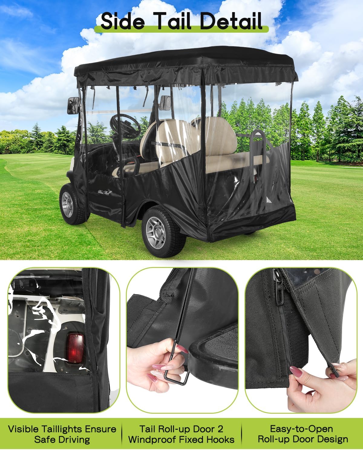 Golf Cart Enclosure 4 Passenger for Club Car Tempo Onward Extended Roof Waterproof Transparent Driving Rain Cover Fit 4-Seater with 4-Sided Clear Windows Mirror Zipper Roll-up Door Black