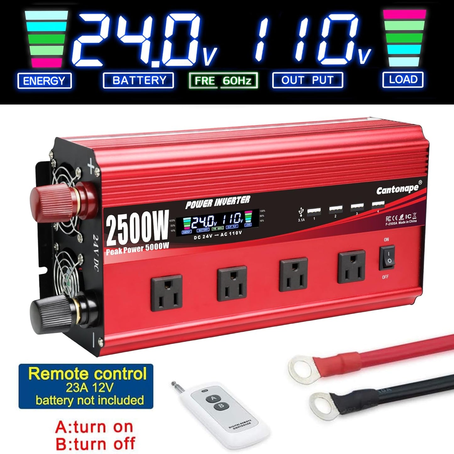 2500W Power Inverter 24V to 110V/120V DC to AC with LCD Display, Remote Controller 4 x AC Outlets and 4 x 3.1A USB Car Adapter for Car Truck Boat RV Solar System