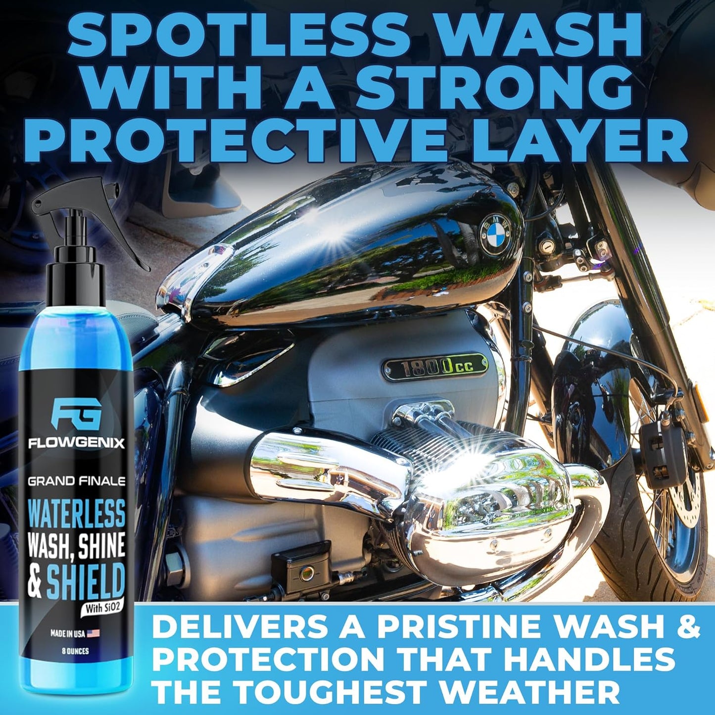 Flowgenix™ Waterless Car Wash Spray - Grand Finale - Motorcycle Cleaner & Car Wax Spray Polish (8 oz) - Ceramic Coating - Incl. 2 Microfiber Towels - Quick Detailer Spray (2-Pack)