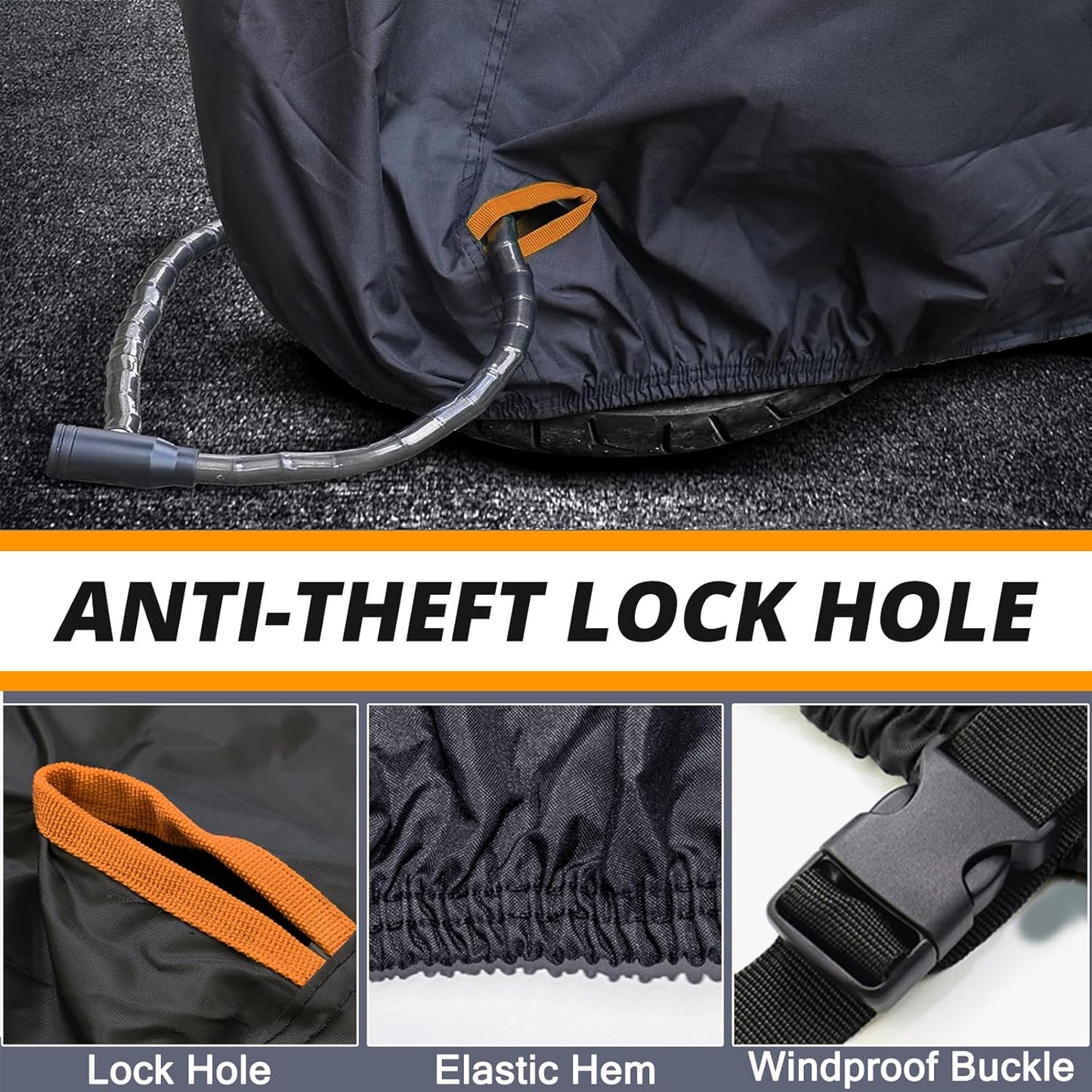 Motorcycle Cover,Waterproof Zipper Outdoor Cover for All Seasons Windproof, High Heat Resistance Dustproof and Rainproof Snowproof(Orange Zipper XXXL Fits Up to 116 inch)