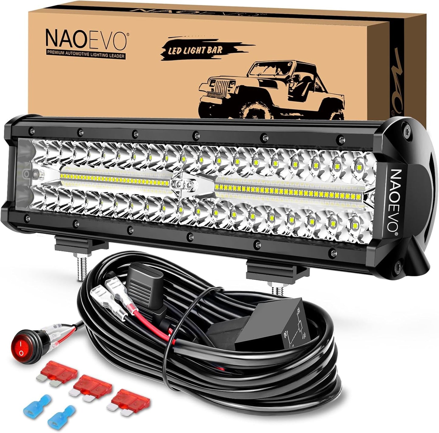 NAOEVO 12 Inch LED Light Bar, 300W 30000LM LED Offroad/Driving/Fog Lights with Wiring Harness Kit, Spot Flood Work Lights for Truck UTV ATV Golf Cart Boat, 1 Pc (White)