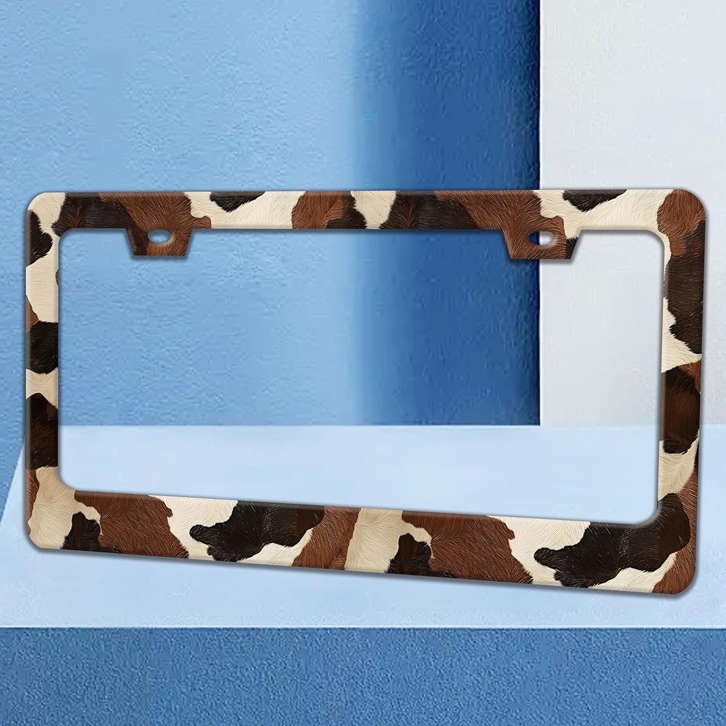 Cow Print Texture License Plate Frame Animal Skin Spots License Plate Holders Funny Stainless Steel Auto Accessory Bracket 2 Hole with Screws Universal Us Car License Plate Frames 6x12 Inch