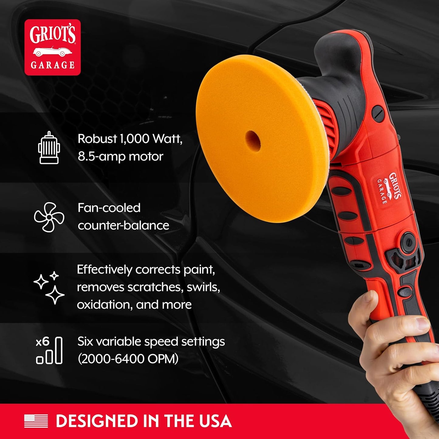 Griot's Garage G9 Random Orbital Polisher 10901 – 1000-Watt Dual Action Buffer for Car Detailing, Polishing, Waxing, Swirl and Scratch Removal – 6" Backing Plate, Variable Speed, Ergonomic Grip