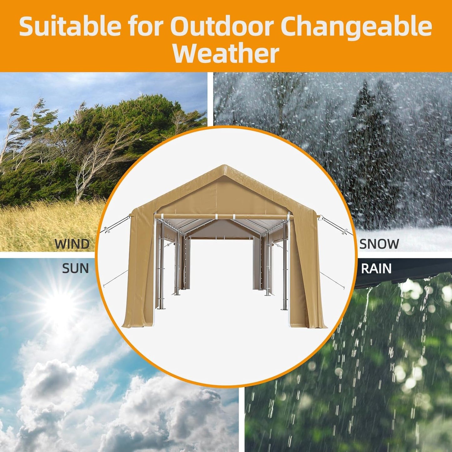 12x20ft Heavy Duty Carport Outdoor Canopy Portable Garage with 4 Doors & 4 Windows Waterproof UV Resistant Storage Shelter with Removable Sidewalls for Car Truck Boat, Earthy Yellow
