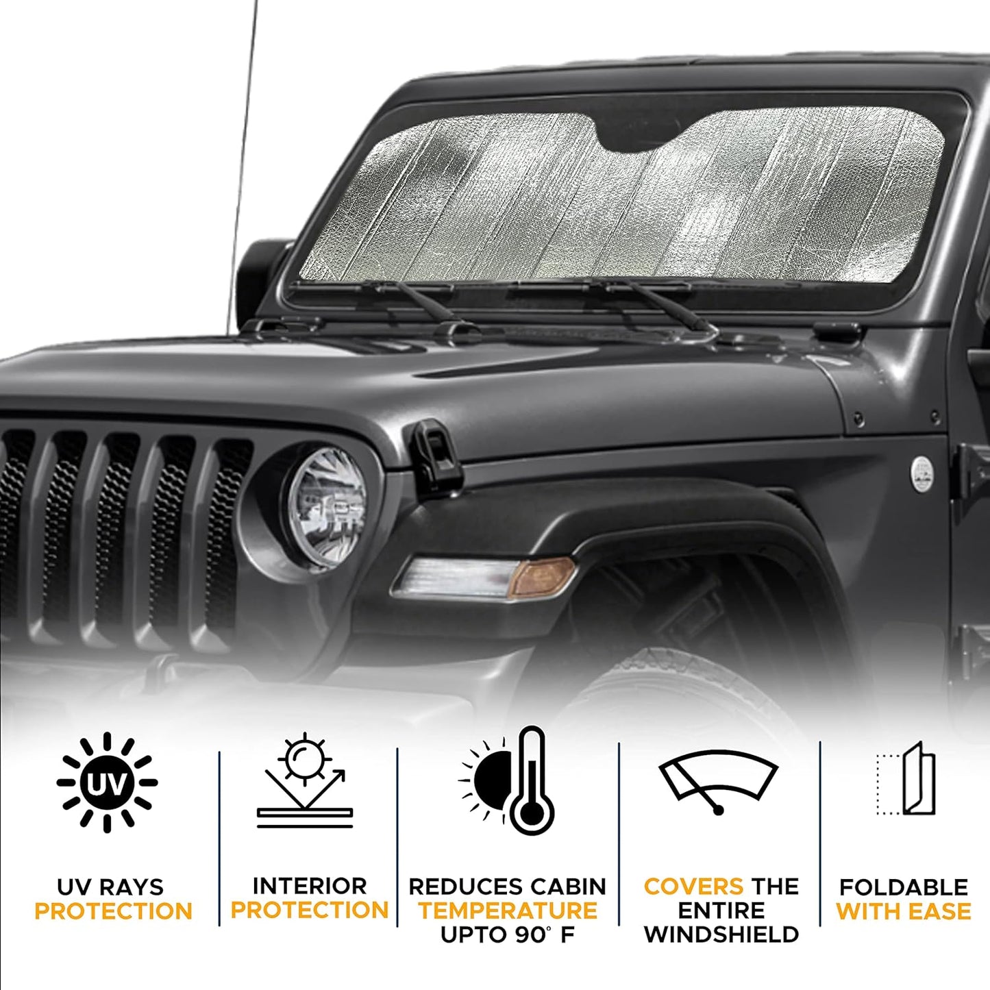 EcoNour Accordion Windshield Sun Shade for Jeep Wrangler | Car Shade Front Windshield Designed for Jeep Wrangler| Dashboard Sun Visor for UV and Heat | XS 53 x 17 inches