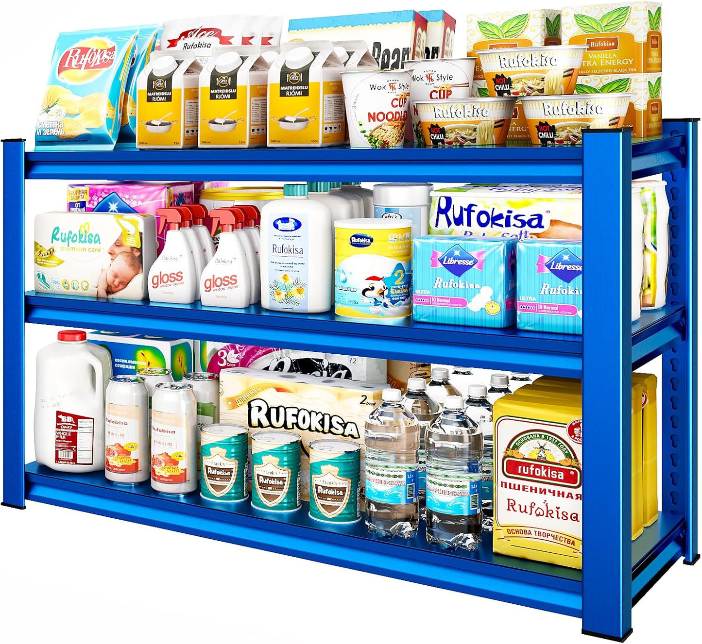 3-Tier Garage Shelving Heavy Duty，48" W Metal Shelving Unit for Garage, 1650 lbs Load Capacity Utility Rack Shelves＆ Garage Shelves, 48”W x 18”D x 39”H(Blue