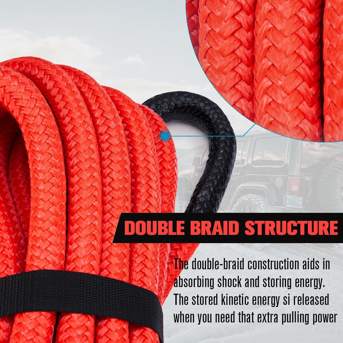 FieryRed 3/4” x 20FT Kinetic Recovery Rope Kit with 2 Soft Shackles, 26500LBS MBS Heavy Duty Tow Rope Snatch Strap Offroad for SUV, Truck, Car and Tractor