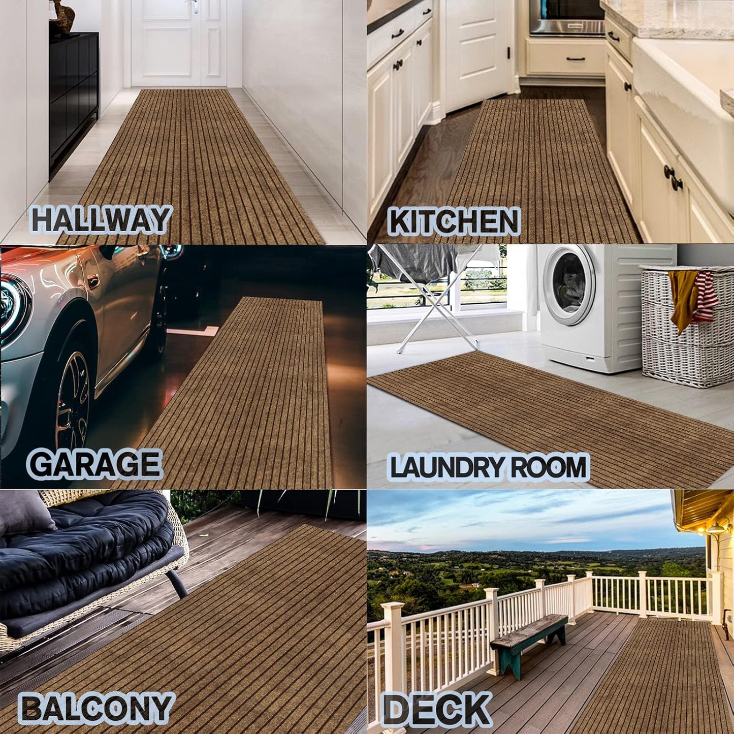 Custom Size Backed Non-Slip Area Rugs Runner, Easy Clean, Waterproof Runner Rugs for Hallway Entryway, Kitchen, Laundry, 3FT x 46FT, Brown Stripe