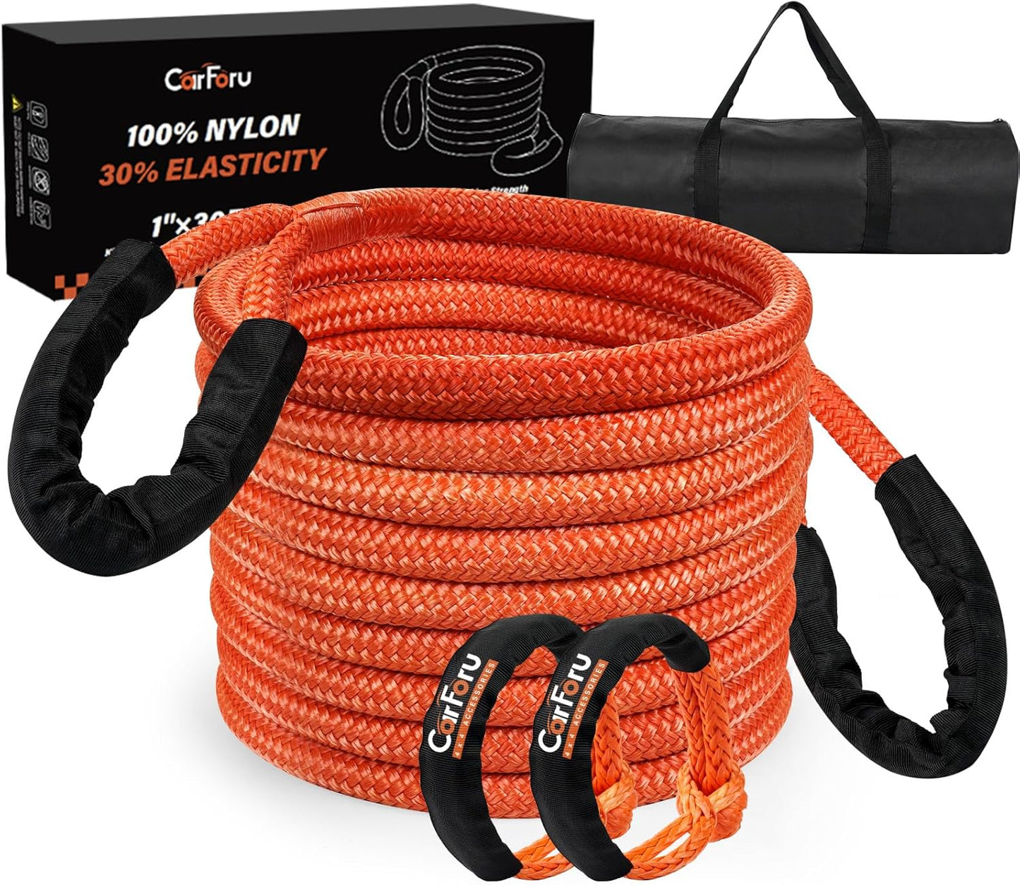 1" × 30ft Kinetic Recovery Tow Rope (48,000lbs), Heavy Duty Offroad Towing Straps Kit, Includes 2 Soft Shackles, Offroad Recovery Kit for UTV, ATV, Truck, Car, Jeep, Tractor (Orange)