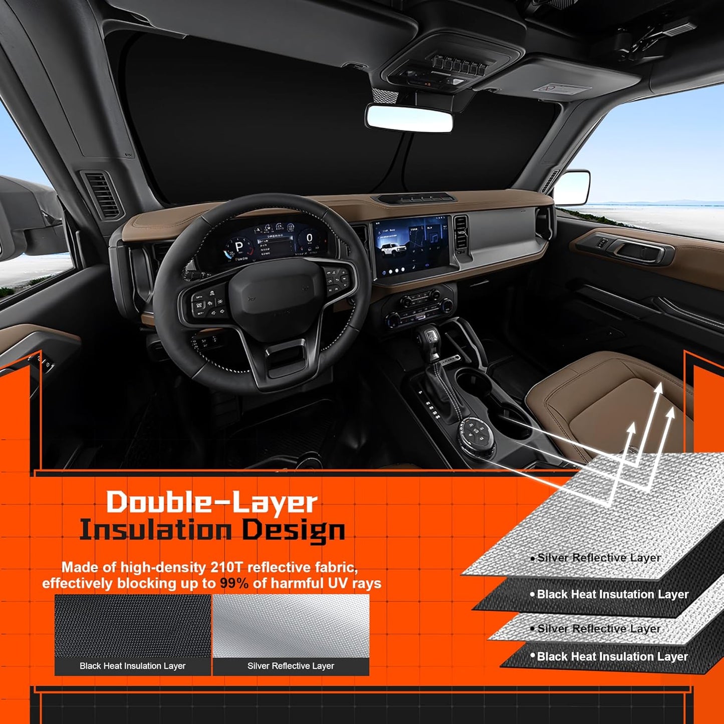 Custom Fit Windshield Sun Shade for Atlas 2018-2025 - Full Coverage, 210T Reflective Fabric, Double-Layer Design - Blocks 99% UV Rays, Keeps Car Cool, Easy to Install and Store