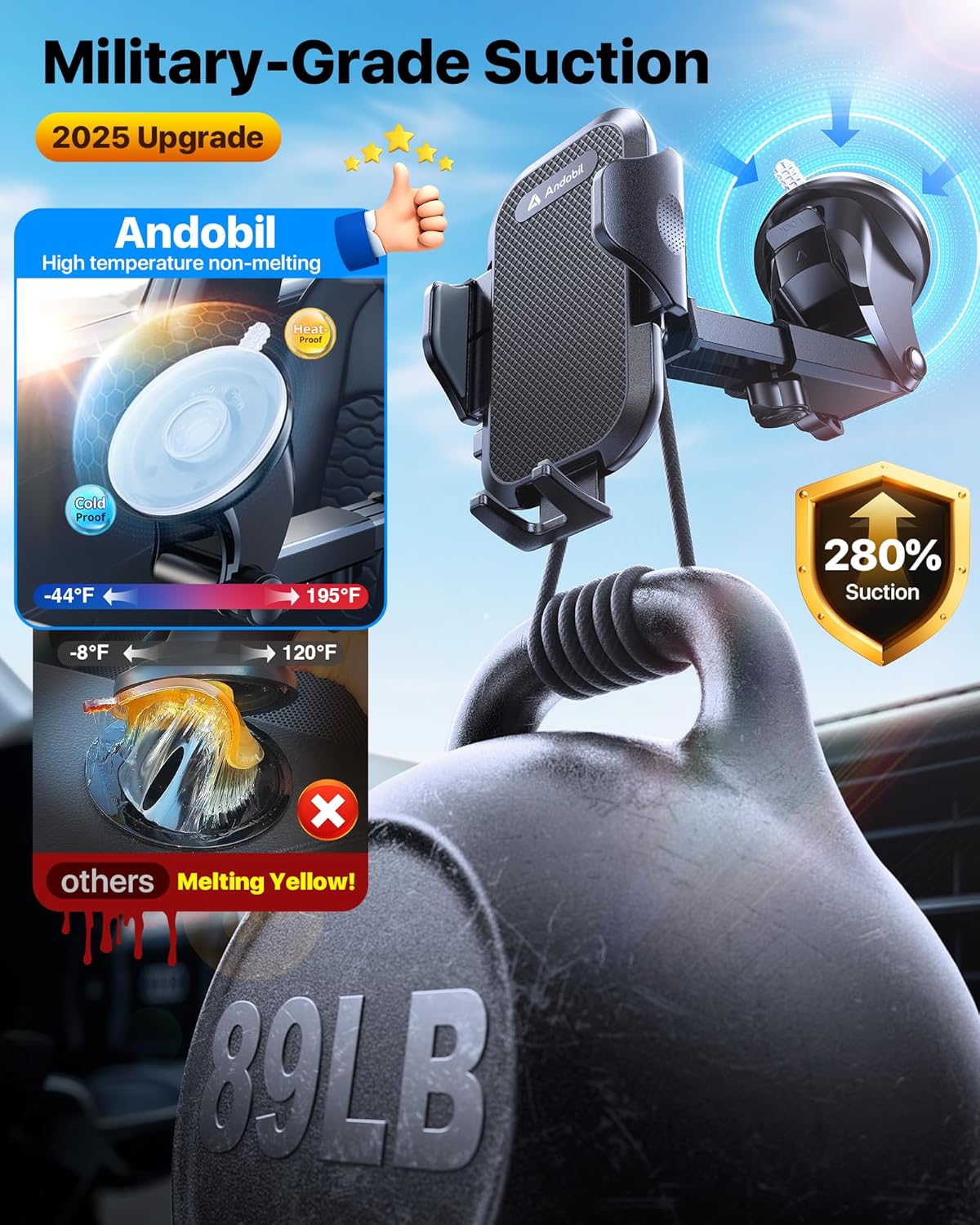 andobil Car Phone Holder Mount (Strong Suction&Bumpy Road Stable) Phone Holders for Your Car, Cell Phone Car Mount for Windshield Dash Vent Truck Cradle Stand for iPhone 16 15 Pro Max 14 13 12 Samsung