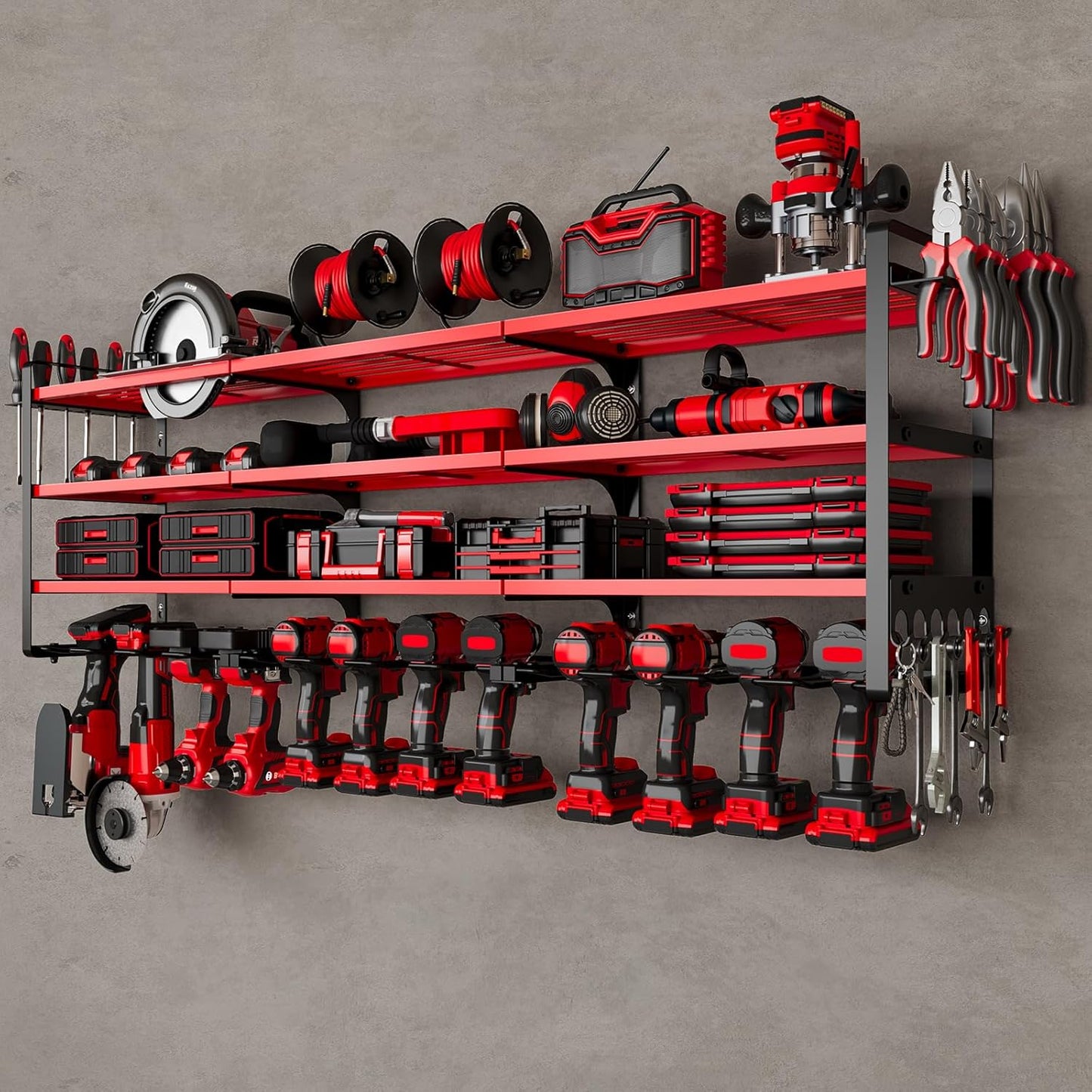 48" Large Power Tools Organizer Wall Mount,12 Drill Holder for Garage, Workshop Heavy Duty Storage Rack (Red)