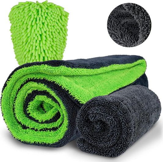 2 Pack Car Microfiber Towels with Car Wash Mitt 1200 GSM Soft Microfiber Car Drying Towels(36"x24" & 16"x16"), Ultra-Absorbent Streak Free Premium Double Twisted-Loop Drying Towels for Car Truck SUV
