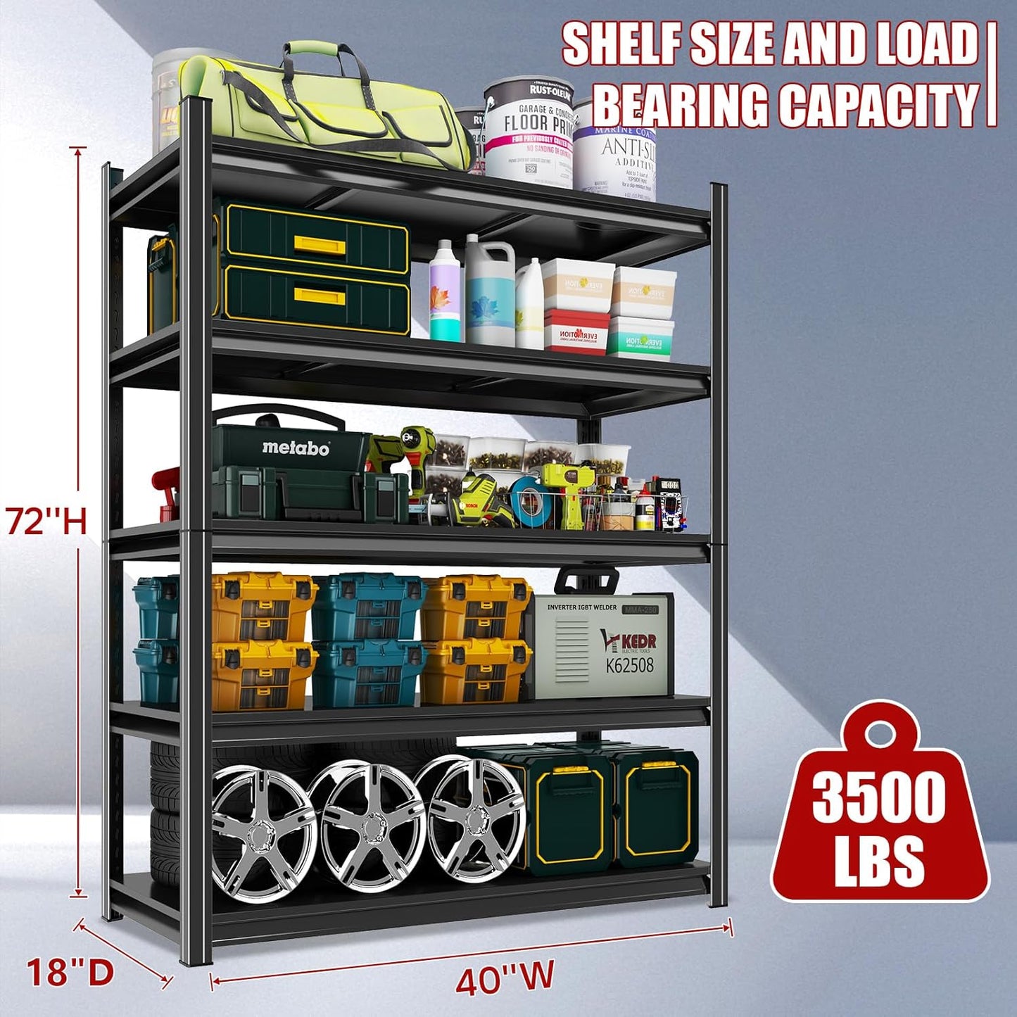 40" Wx72 H,Heavy Duty 5-Tier Steel Garage Shelving Unit | 3500LB Capacity| Garage & Basement Storage | Industrial-Grade Metal Shelving for Warehouses & Workshops | Adjustable, Rust-Resistant, Black