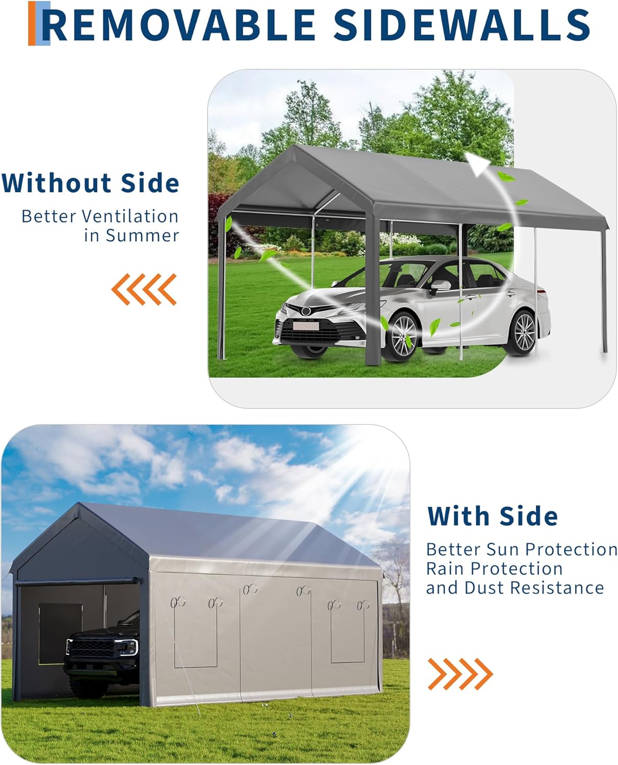 10x20 Ft. Metal Carport Garage with PE Fabric and Galvanized Steel Frame Outdoor Shelter for Cars, Trucks and Boats with 4 Doors and Mesh Windows for Ventilation - Grey