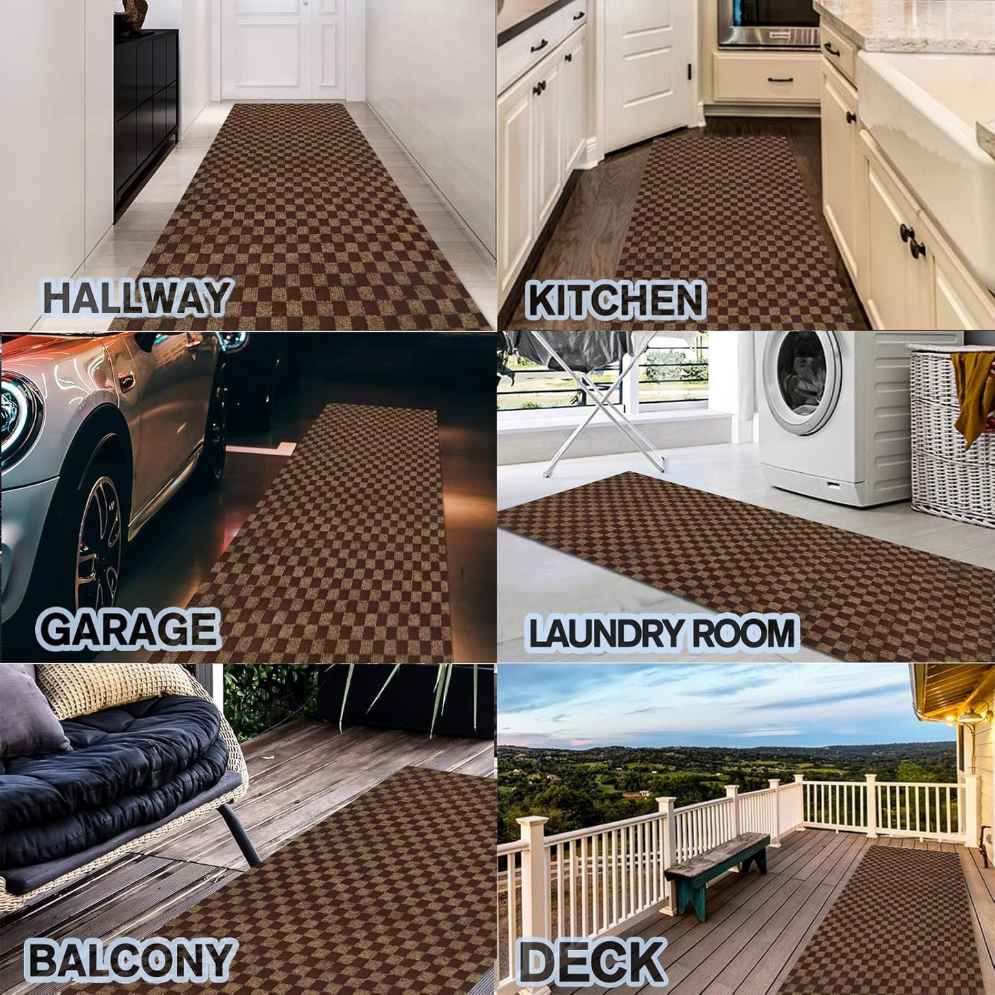 Custom Size Backed Non-Slip Area Rugs Runner, Easy Clean, Waterproof Runner Rugs for Hallway Entryway, Kitchen, Laundry, 4FT x 80FT, Brown Checkered