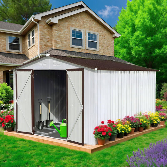 10 x 8 FT Outdoor Storage Metal Shed, Bike Garden Tool Shed with Slooping Roof, Lockable Doors and Aluminum Frames, Shed Easy to Assemble for Garden, Patio, Lawn, White