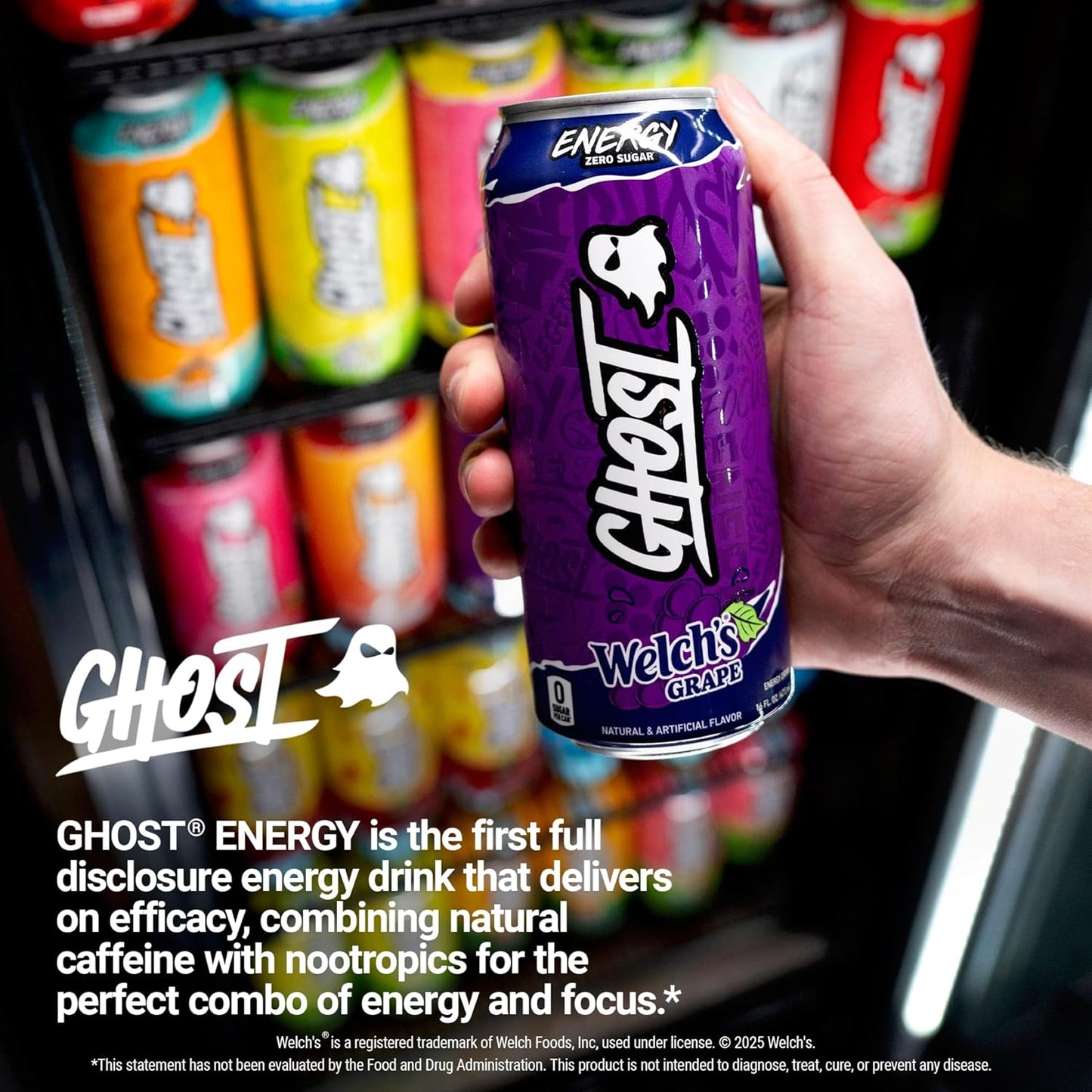 GHOST Energy Drink - 12-Pack, Welch's Grape, 16oz Cans - Energy & Focus & No Artificial Colors - 200mg of Natural Caffeine, L-Carnitine & Taurine - Gluten-Free & Vegan