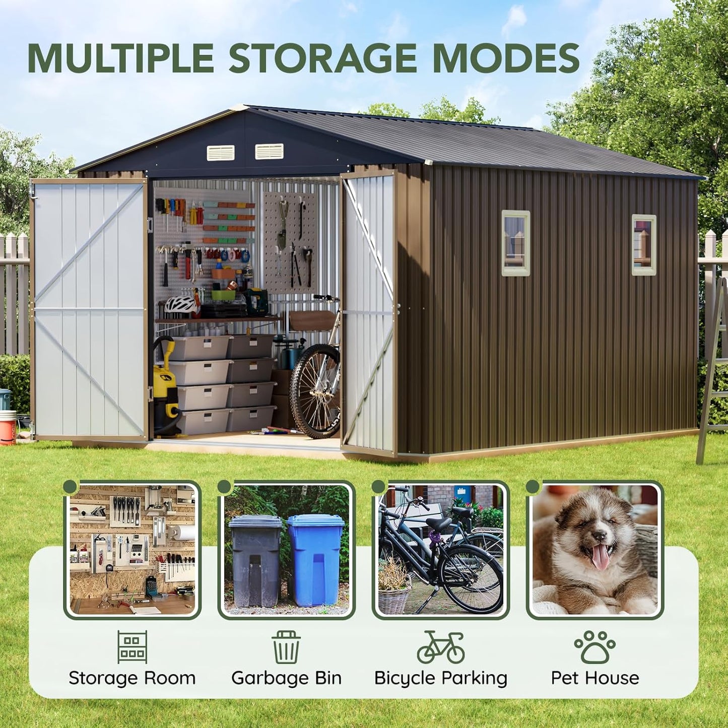 10x10 FT Outdoor Metal Storage Shed, Double Swing Doors, 2 Clear Windows,Tool Shed for Garden, Patio, Backyard Brown