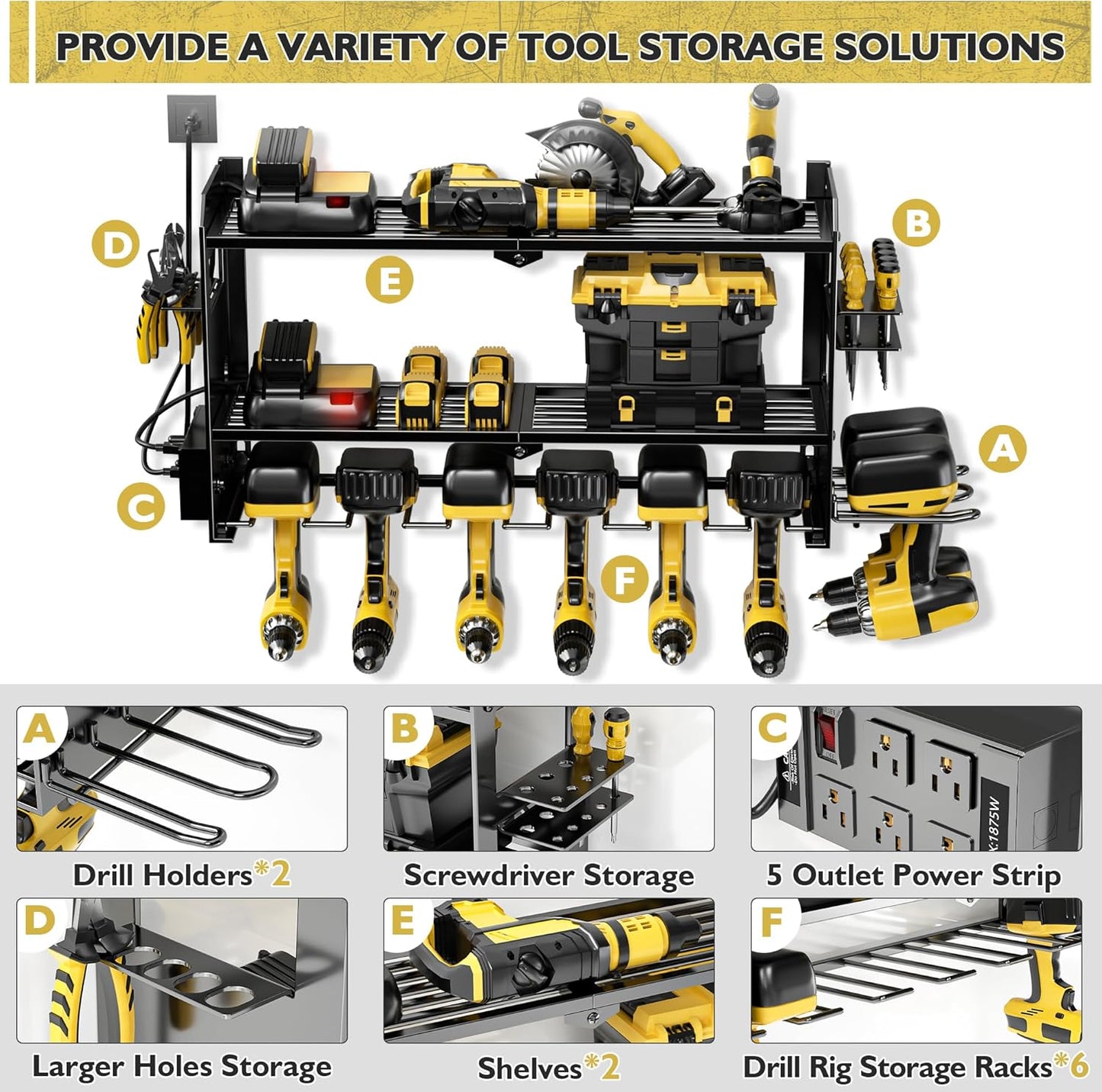 Power Tool Organizer Wall Mount with Charging Station, Cordless Drill and Battery Holder Shelf for Garage Organization,Heavy Duty Metal Tool Rack Storage, Load 300lbs, Built in 5 Outlet Power Strip