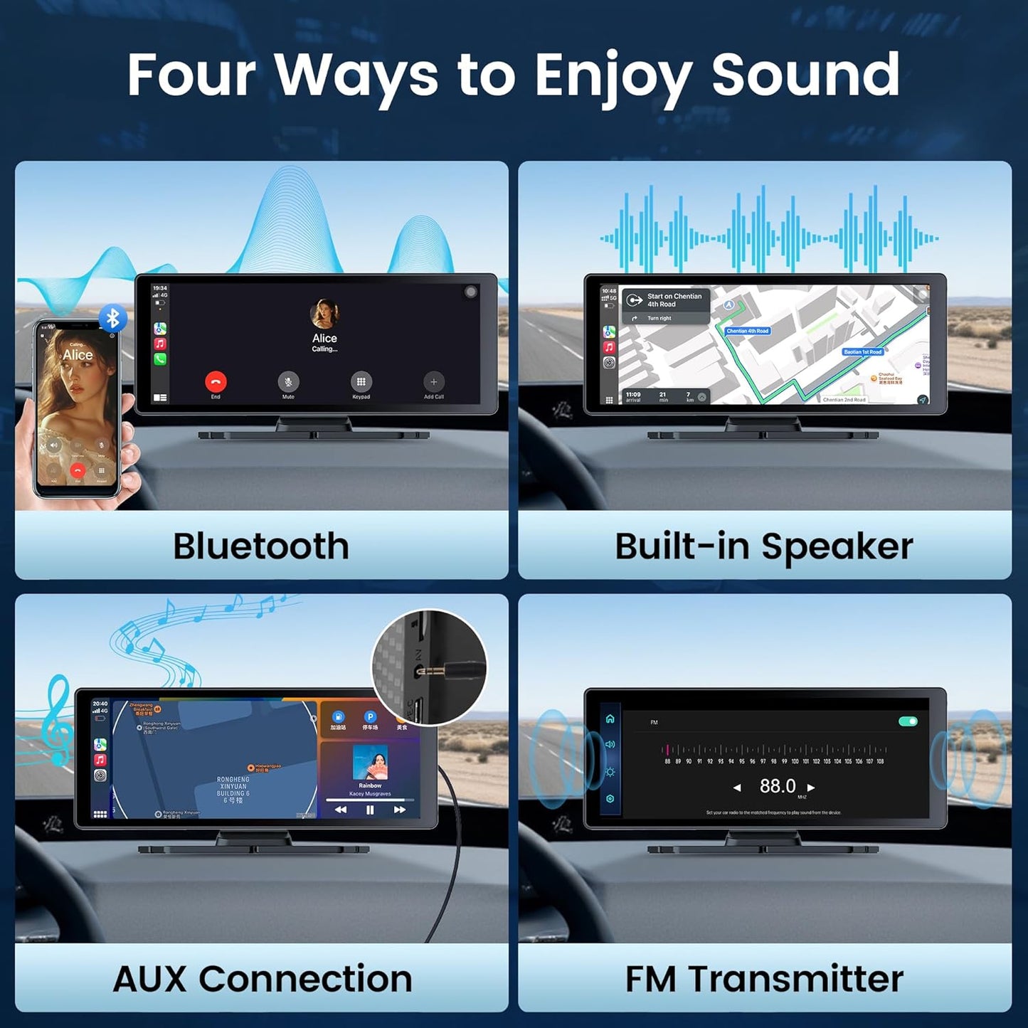 10.26" Carplay Screen for Car,4K Dash Cam,Portable Tablet for Apple Android Auto,Voice Touch Control GPS Navigation,Stereo Audio Radio,Rear Backup Camera,Bluetooth,Wireless Mirror for Truck