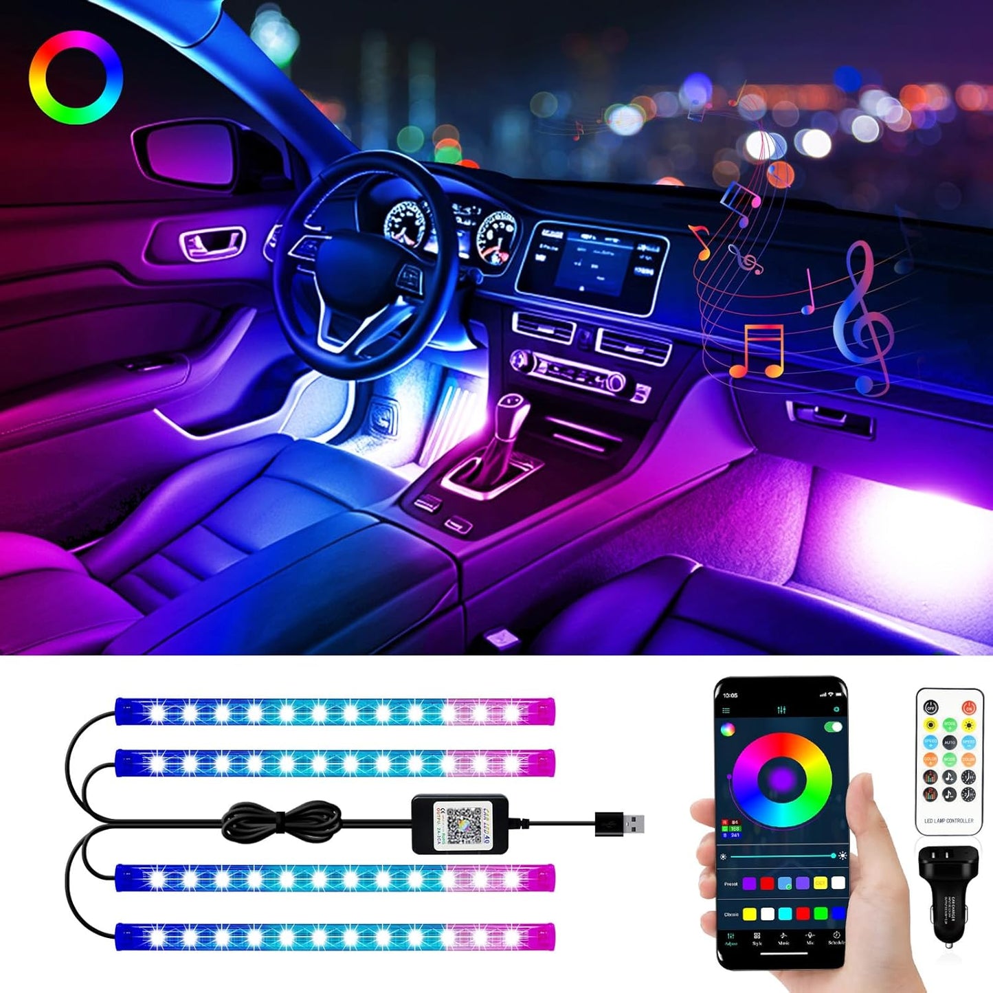 YM E-Bright RGB LED Strip Lights for Car App Control with Remote Led Lights car Interior with Charger Music Sync Under Dash Footwell Neon Lighting Kit w/USB Cable DC 12V