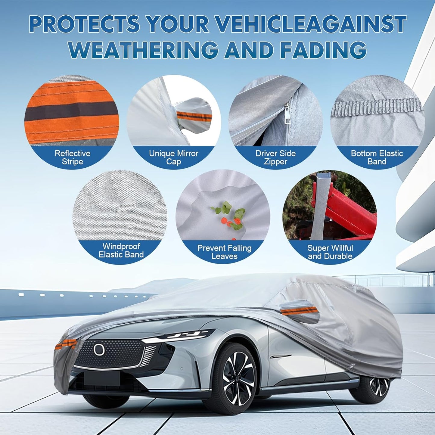 KEYOOG Car Cover, Fit for 213"-237" Length Pickup Truck, 6-Layer All-Weather Waterproof, Universal in All Seasons, Snow Prevention, Rainproof, Acid Rainproof, Sunscreen, Orange Reflective Strip