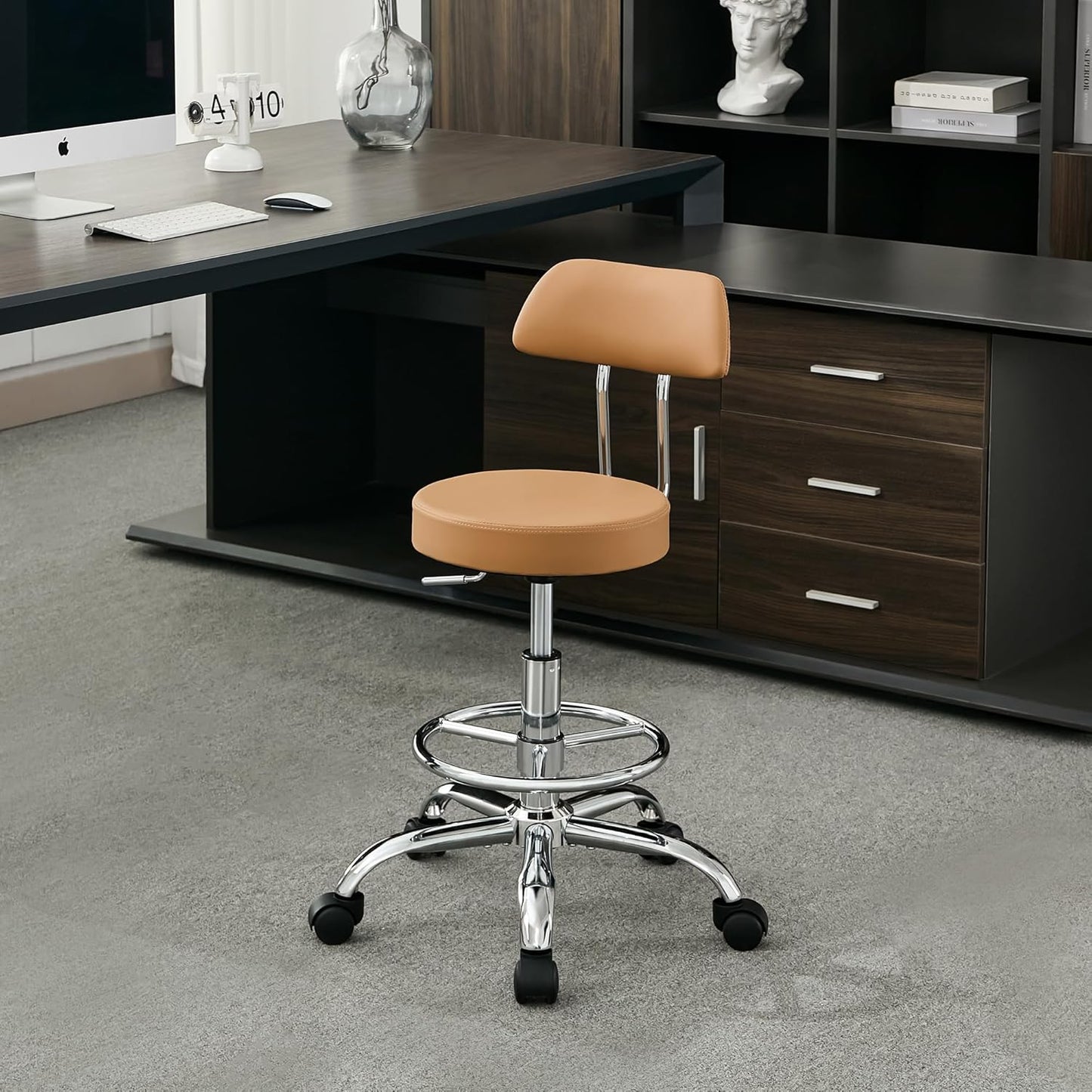 Ergonomic Desk Stool(Sturdy Rolling Stool with Back)(Swivel Armless Office Chair 19.5’’-26.6’’) Adjustable Footrest Salon Chair (Camel Brown)