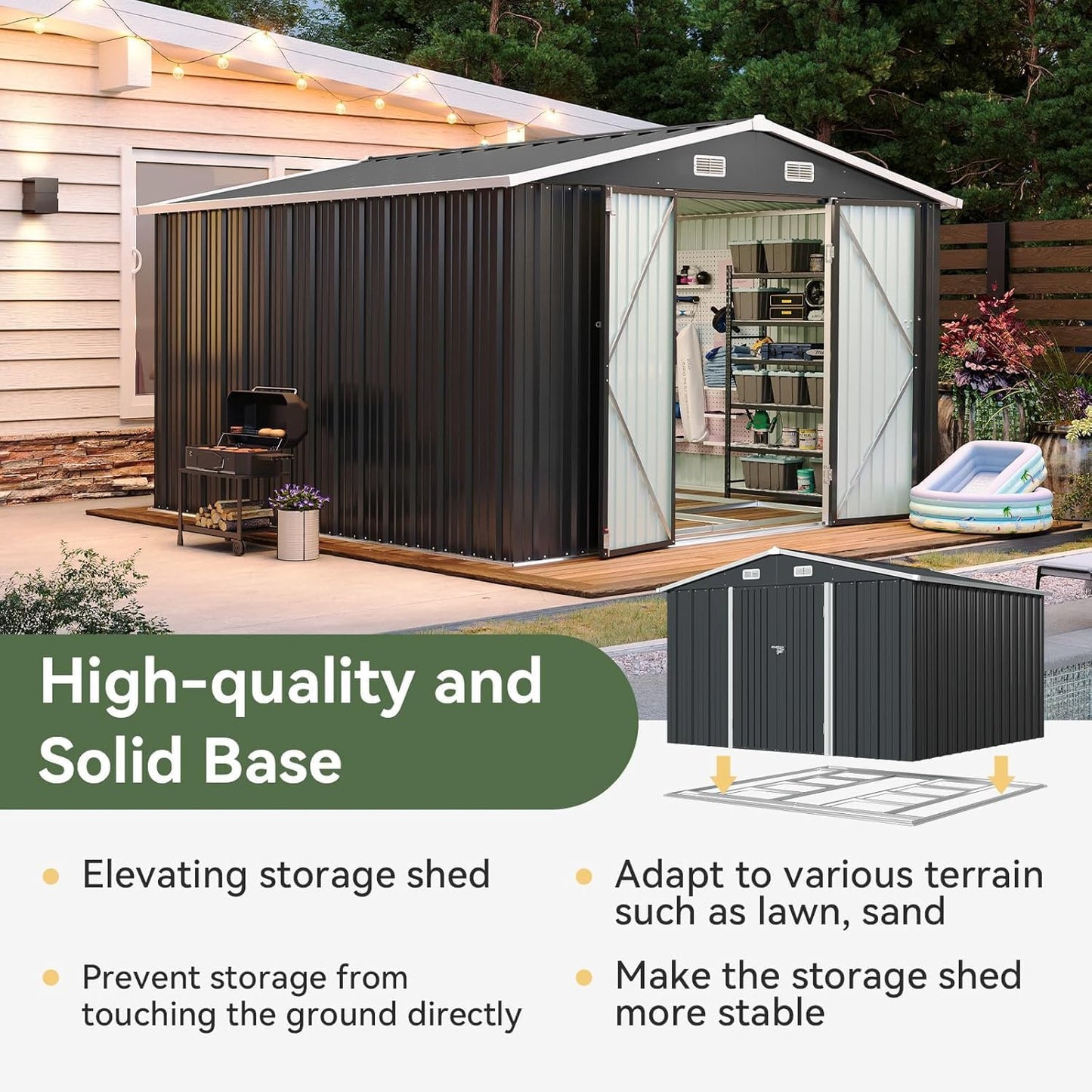 10x10 FT Shed Outdoor Storage Shed with Base, Large Shed Steel Utility Tool Shed Storage House with Door & Lock, Metal Sheds with Sloped Roof for Garden Patio Poolside, Black