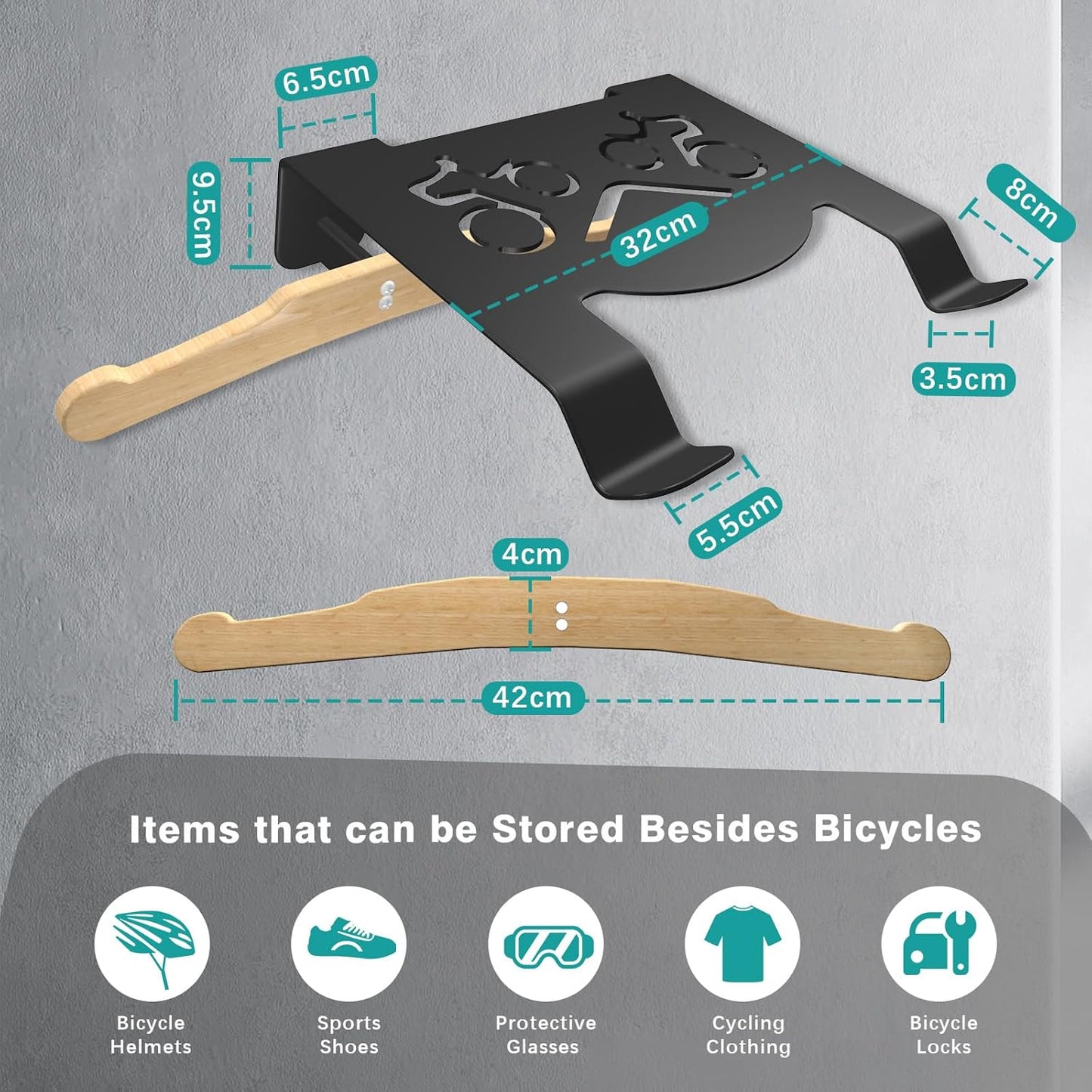 Bike Wall Mount Rack, Horizontal Bicycle Storage Hanger for Garage, Home, Apartment, Wall Mounted Bike Holder with Hook and Shelf for Cycling Accessories Organization, Heavy-Duty Metal