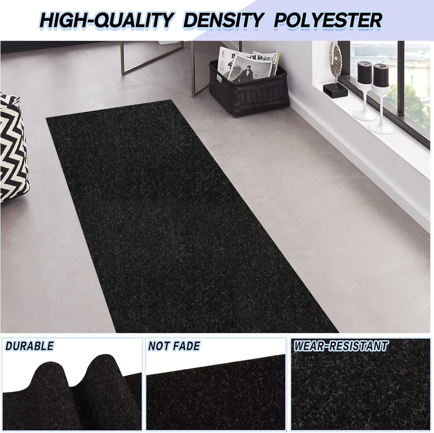 Custom Size Backed Non-Slip Area Rugs Runner, Easy Clean, Waterproof Runner Rugs for Hallway Entryway, Kitchen, Laundry, 3FT x 66FT, Black