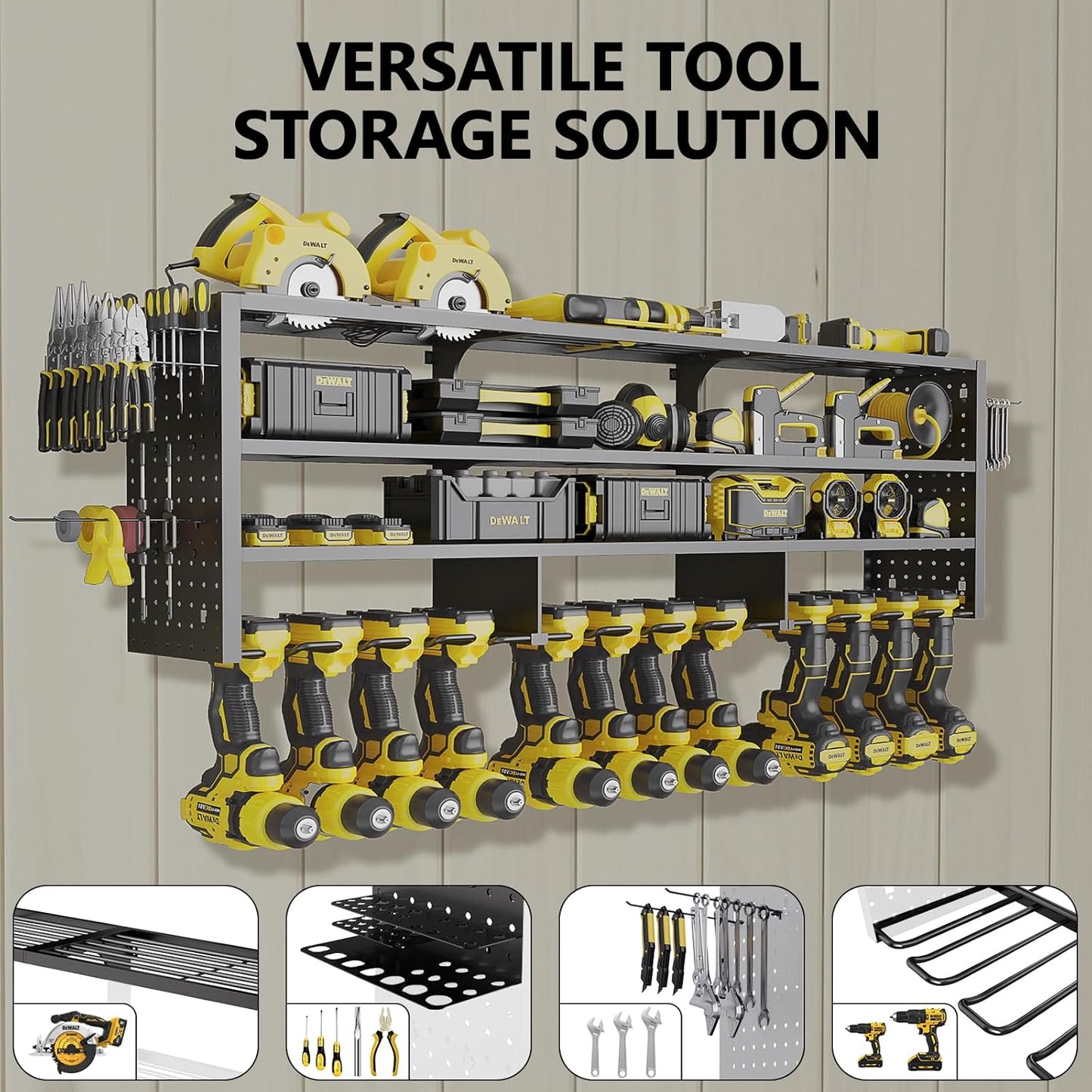 Large Power Tool Organizer Wall Mount, 4 Layer 49" W Heavy Duty Metal Tool Storage Rack with 12 Drill Holder, Utility Racks for Garage Workshop, Ideal Garage Organization Gifts for Men