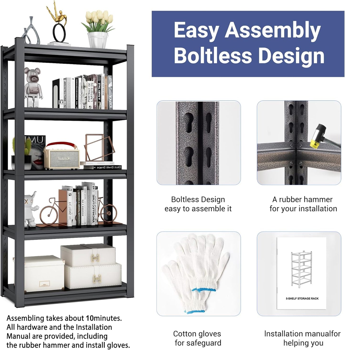 TOPKEY 5-Tier Utility Shelves Garage Storage Shelves, Heavy Duty Metal Storage Shelf for Garage, Kitchen, Warehouse, Adjustable Basement Storage Rack, Load 2000LBS, 63" H x 31.5" W x 15.8" D