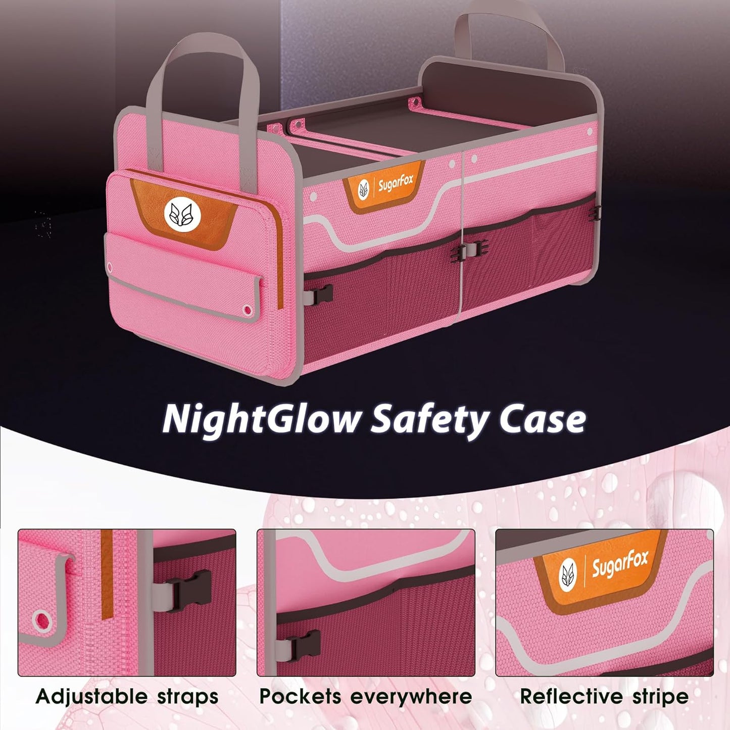 Foldable Waterproof Car Organizer with Non-Slip Traction Rope, 23.2”x13.8”x11.8” Heavy-Duty Trunk Organizer for SUV, Car Essentials List, Portable Vehicle Organizer,PINK-M003