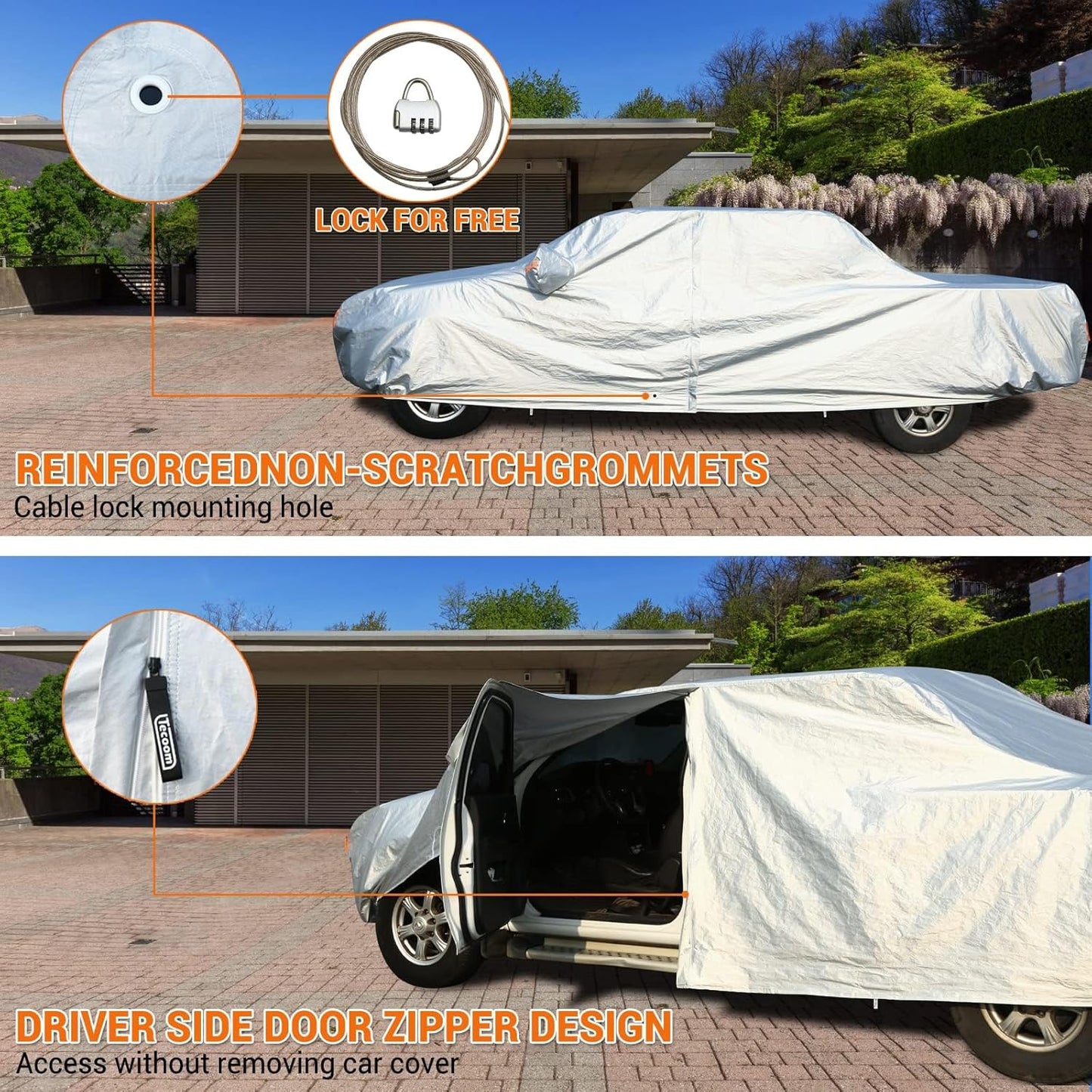 Tecoom Truck Cover Waterproof All Weather, 3 Layers Pickup Cover with Zipper Door/Lock, Full Exterior Covers Outdoor with Fleece Lining Cotton, Universal Fit Regular/Extended/supercrew Cab