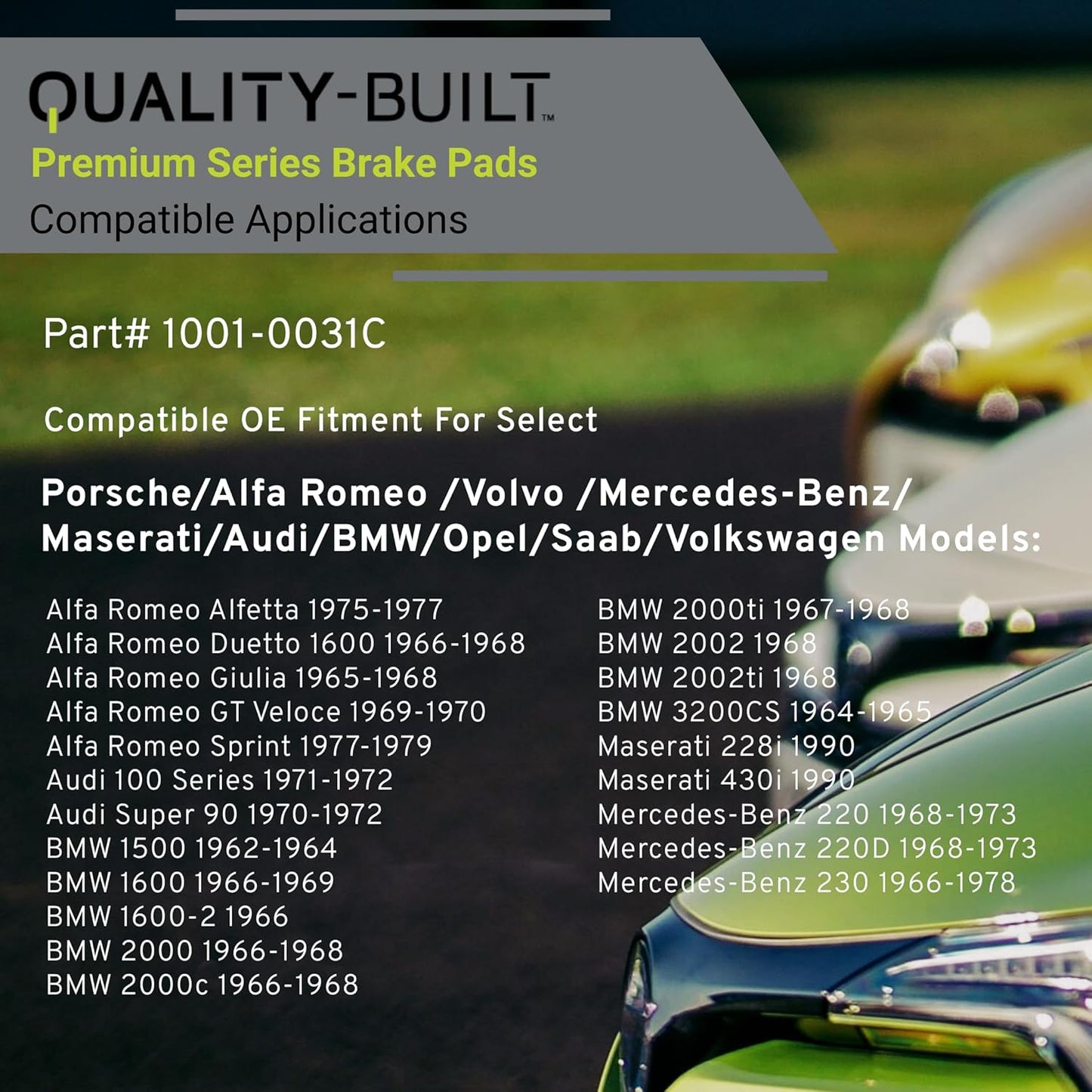 Premium Ceramic Front Brake Pads (1001-0031C) Compatible with 1955-2004 Alfa Romeo/Audi/BMW/Maserati/Mercedes-Benz/Porsche/Volkswagen (280SE/280SEL/280SL/300CD/300D & More)