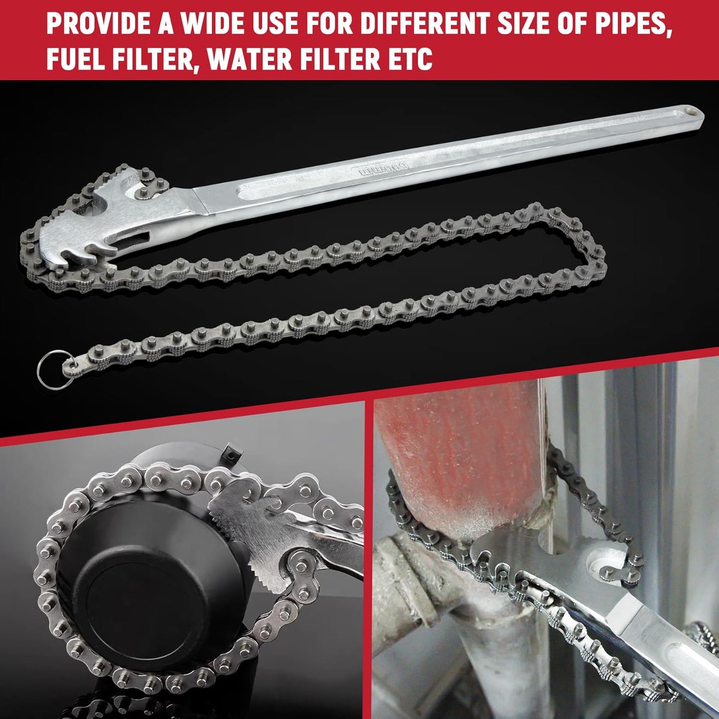 24 Inch Heavy Duty Carbon Steel Pipe Wrench, Fits Max 12 Inch Diameter, Adjustable Large Chain Oil Filter Wrench for Universal Use