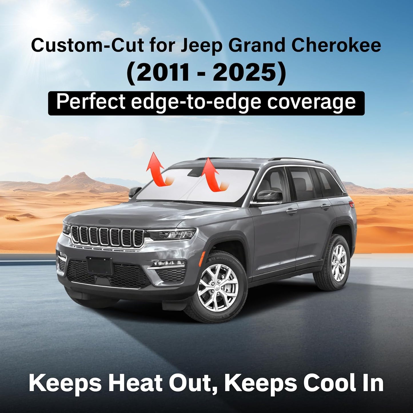 Econour Windshield Sun Shade for 2011-2025 Jeep Grand Cherokee/Grand Cherokee L Accessories SUV Window Sunshade Sun Visor Protector Foldable Blocks UV Rays Keep Your Car Cooler