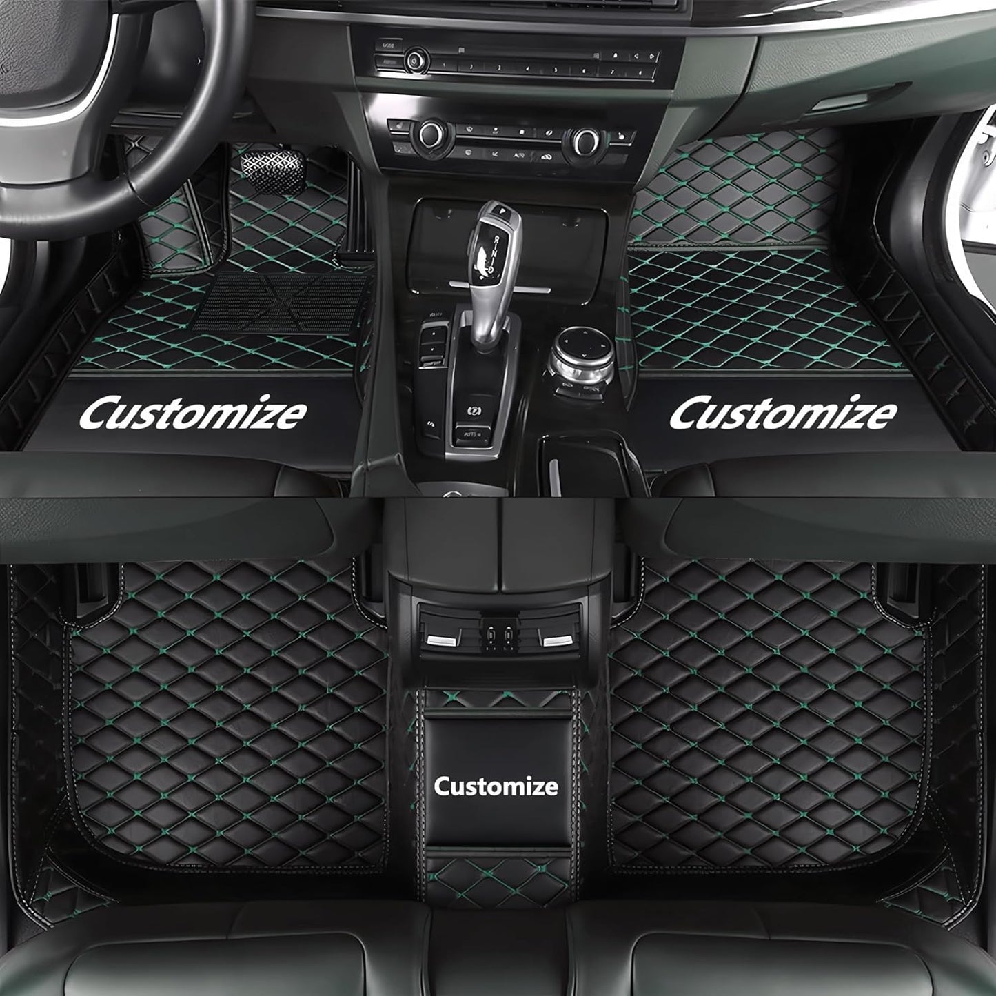 Custom Personalized Floor Mats for Cars，Luxury Full Coverage All Car Floor Mats，Anti-Slip Leather Car Mat Set ，Custom Floor Mats for 99% of Cars, Trucks & SUVs. (Black Green)