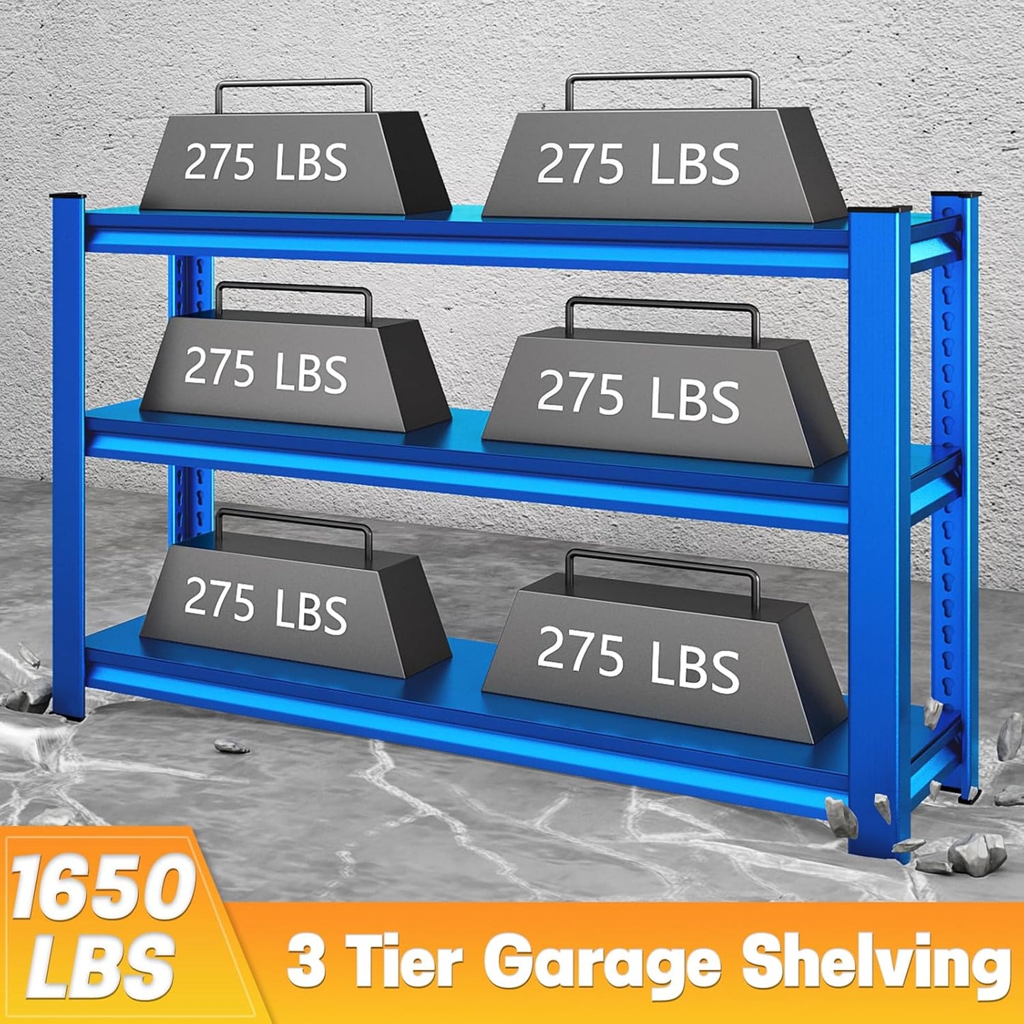 3-Tier Garage Shelving Heavy Duty，48" W Metal Shelving Unit for Garage, 1650 lbs Load Capacity Utility Rack Shelves＆ Garage Shelves, 48”W x 18”D x 39”H(Blue