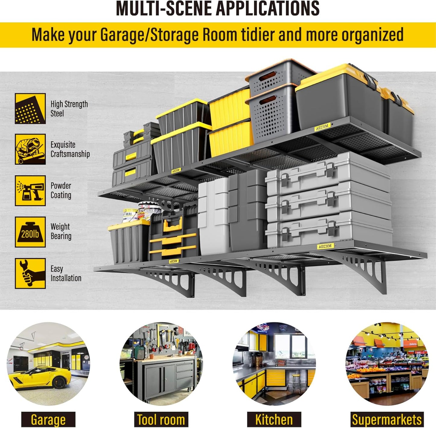 4-pack 2x3ft Adjustable Garage Wall Shelving 1120lbs Load Capacity Heavy Duty Wall Mounted Storage Shelf Metal Floating Shelves for Garage(Black)