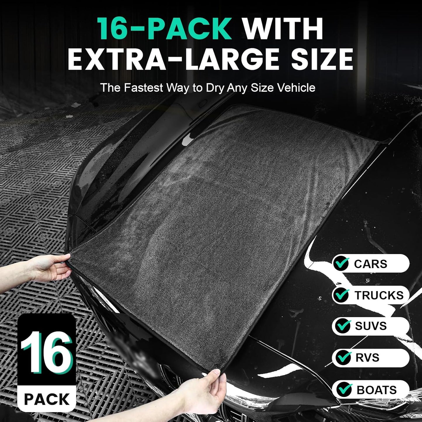 16-Pack Bulk Microfiber Towels for Cars, Super Absorbent Car Drying Towel, Extra Large Car Towel (600GSM, 24" x 35")
