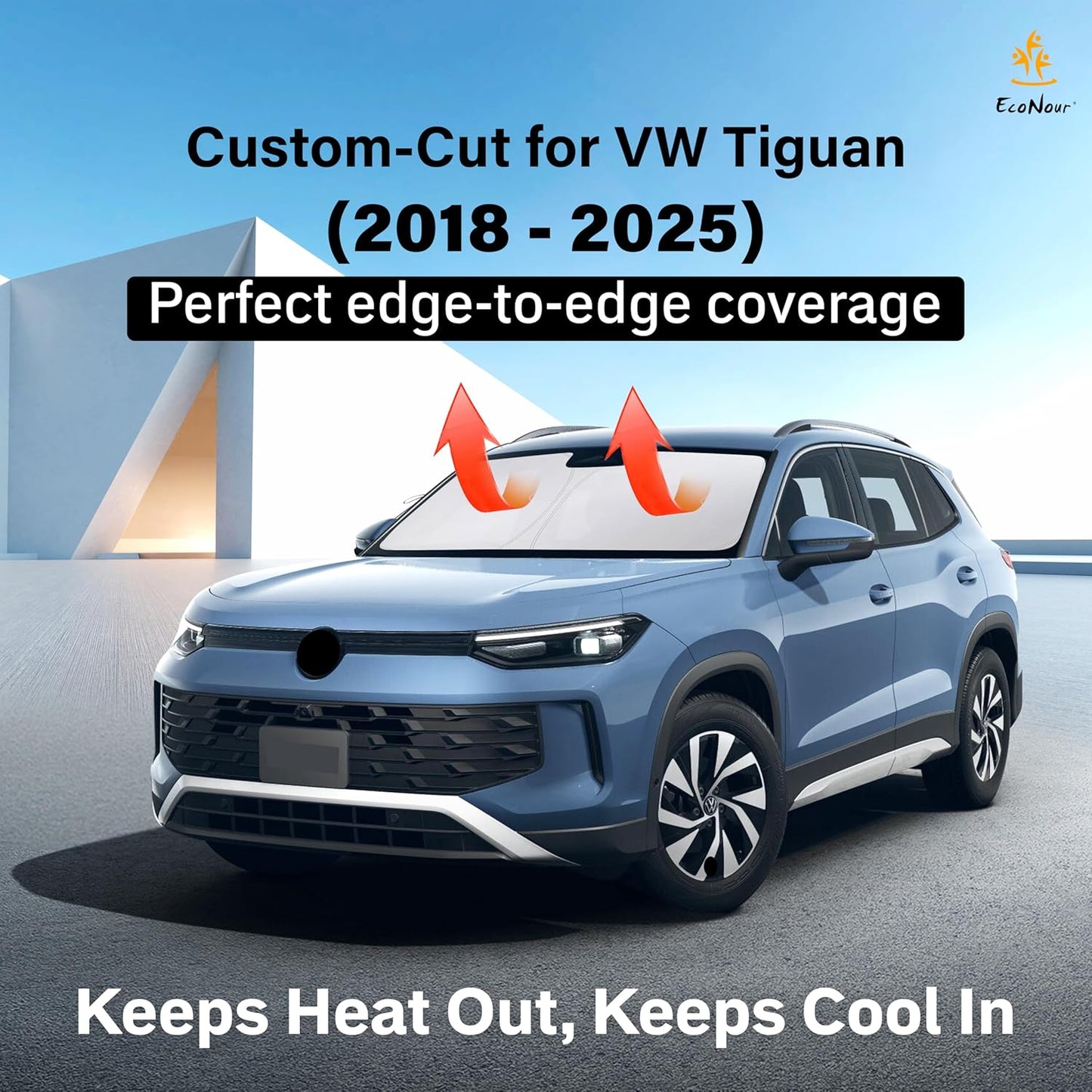 EcoNour Windshield Sun Shade Compatible for VW Tiguan (2018–2025) | Custom Fit Front Window Shade | 4-Layer, 240T Sunshade Accessories | UV & Heat Blocker for Tiguan Windshield