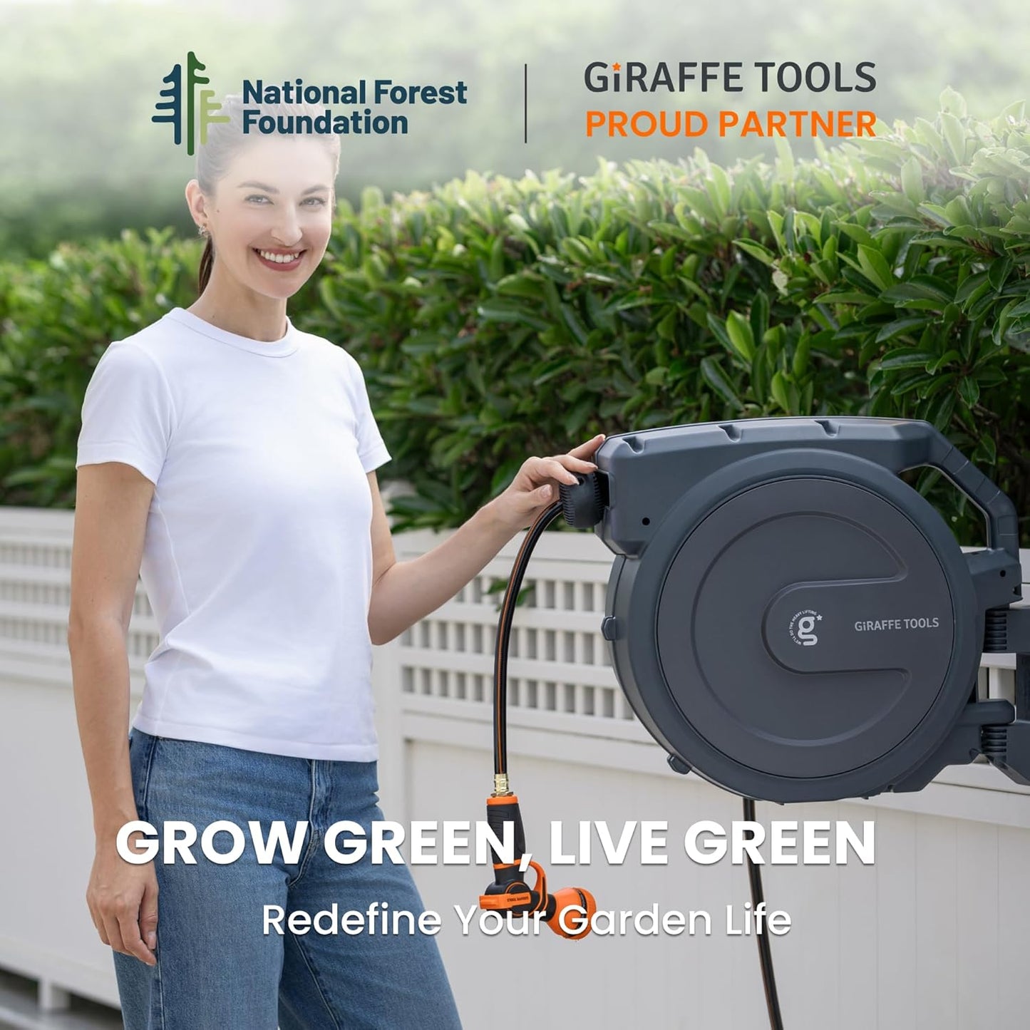 Giraffe Tools AW40 Retractable Hose Reel 5/8" x 90 ft Wall Mounted Garden Hose Reel Heavy Duty, Automatic Rewind, 180 Deg Swivel, Any Length Lock, 9 Pattern Nozzle, 90 ft, Dark Grey