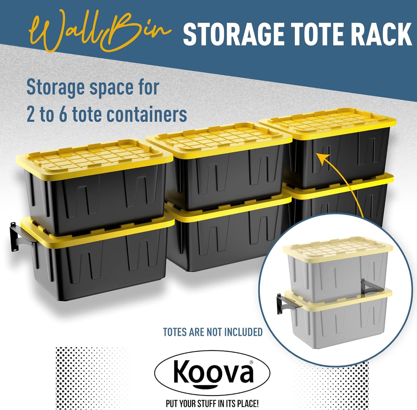 Koova Wall Mounted Tote Rack Storage System, Fits 27-Gallon Black and Yellow Commander Style Bins, Wall Mount Bracket Shelves for Garage Organization, Heavy Duty Steel, Made in USA (3-Piece Set)