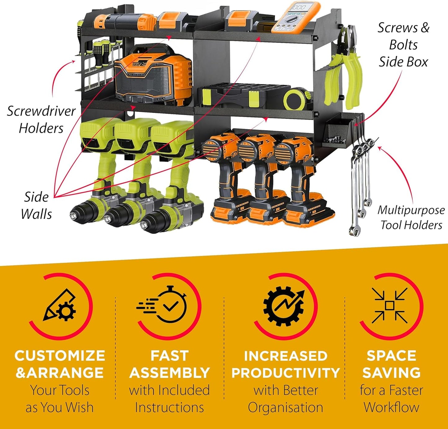 GRG Tools Heavy-Duty Power Tool Organizer – Wall Mounted Drill Rack for 6 Cordless Drills, Garage & Workshop Tool Storage Shelf with Screws & Bolts Side Box, 300LBS Load Capacity, Sturdy Metal Design