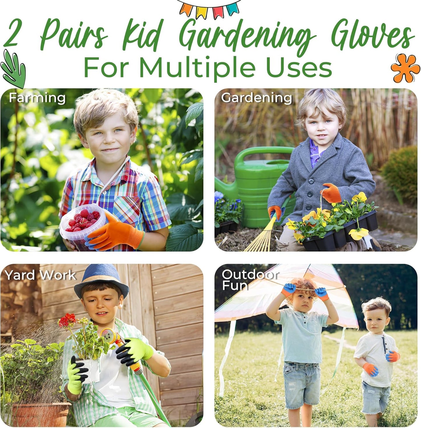 HANDLANDY 2 Pairs Kids Gardening Gripper Gloves, Foam Rubber Coated Children Toddler Garden Yard Work Outdoor Playing Gloves for Girls Boys (Size S)