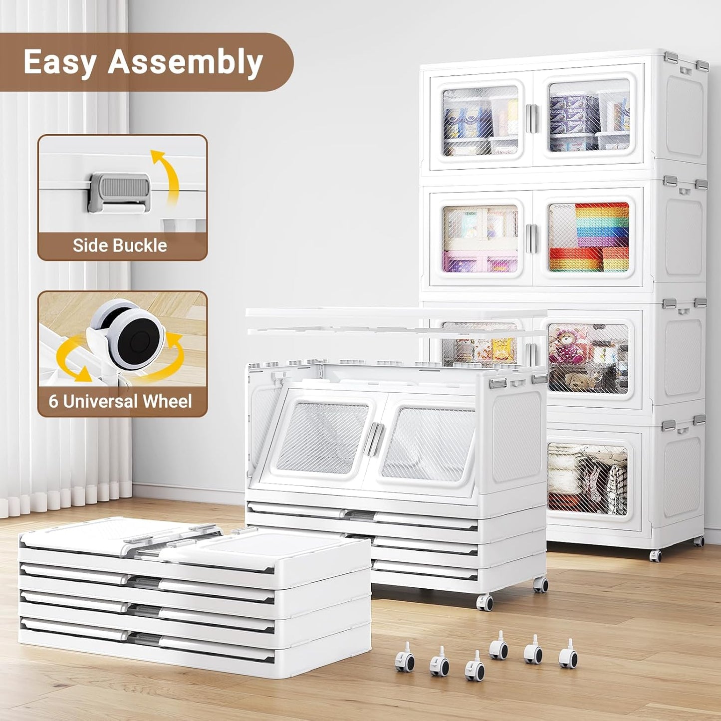 1200 Qt Stackable Storage Bin with Lid, 300Gal Extra Large Collapsible Storage Boxes, Folding Plastic Drawer, Heavy-Duty Store Cabinet, Closet Organizer for Home Kitchen, 4 Pack White